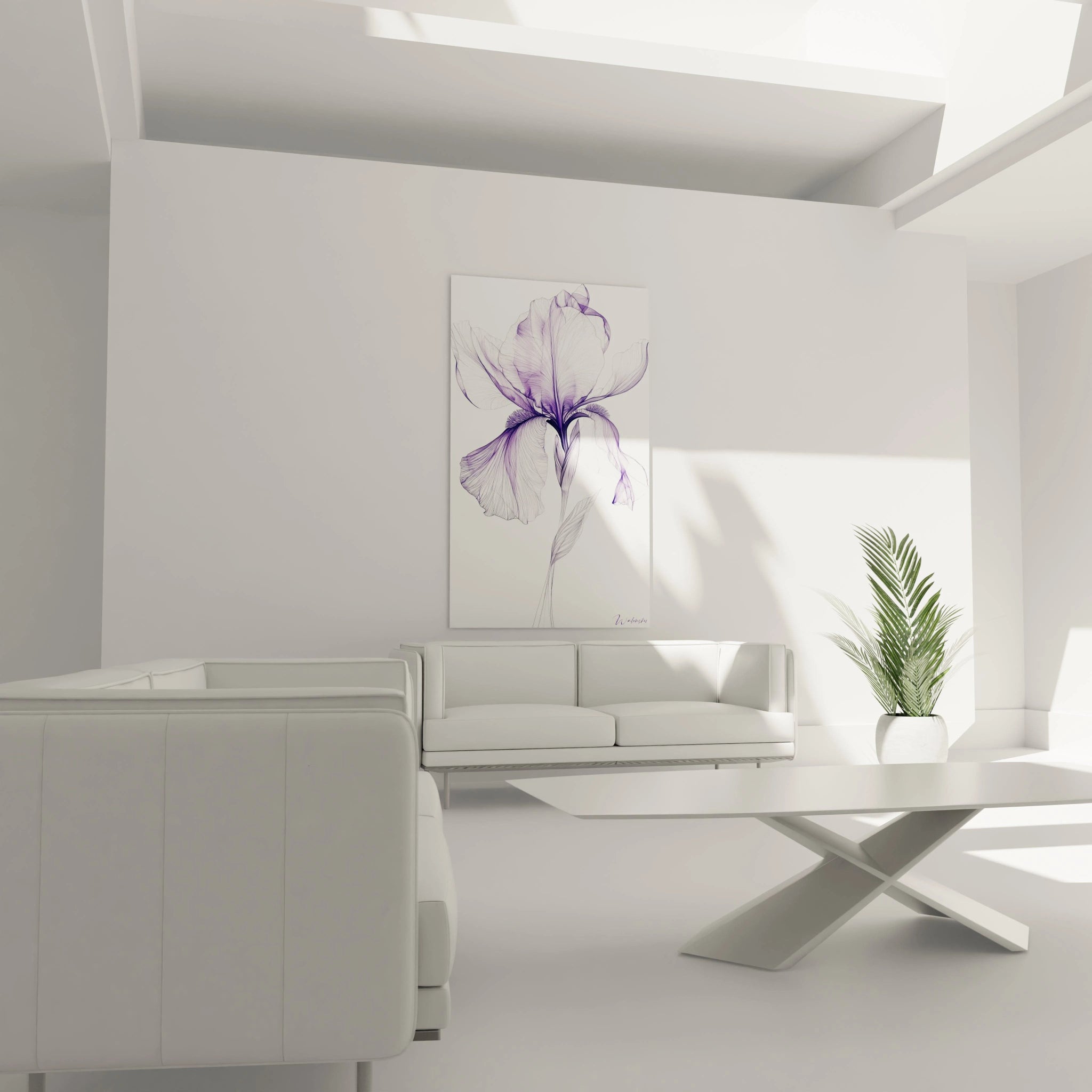 Un tableau iris nature représentant une fleur d’iris en gros plan, avec des pétales translucides en violet et blanc, des traits fins marquant la structure botanique, et un effet de légèreté aérienne.