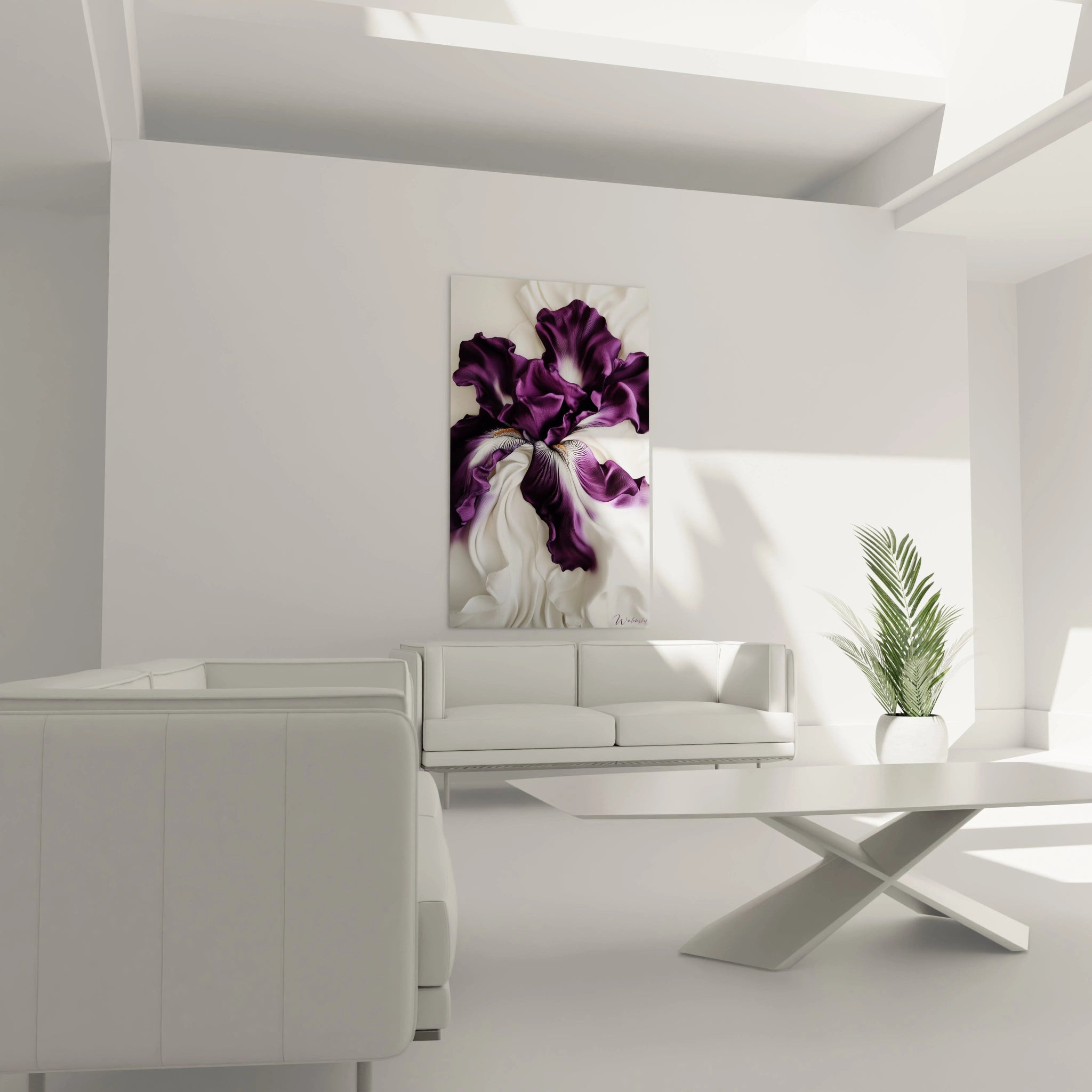 Un tableau Iris nature mettant en avant un iris aux nuances violettes et blanches, avec une texture détaillée et des ondulations simulant un mouvement naturel sur un fond lisse et contrasté.