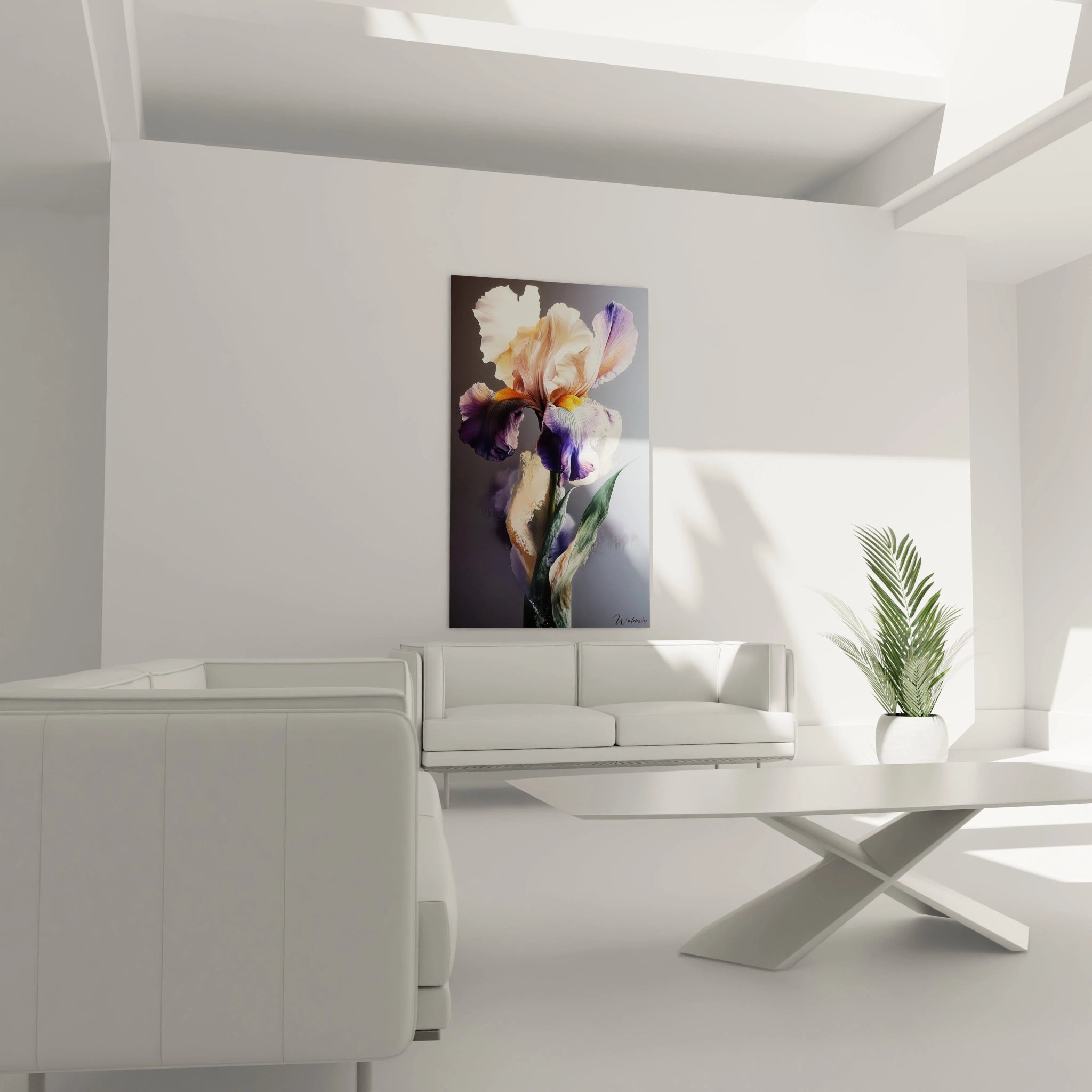 Un tableau Iris nature illustrant un iris en gros plan, aux couleurs violet profond, blanc et jaune lumineux, avec des textures douces et un effet de superposition sur un fond gris bleuté.