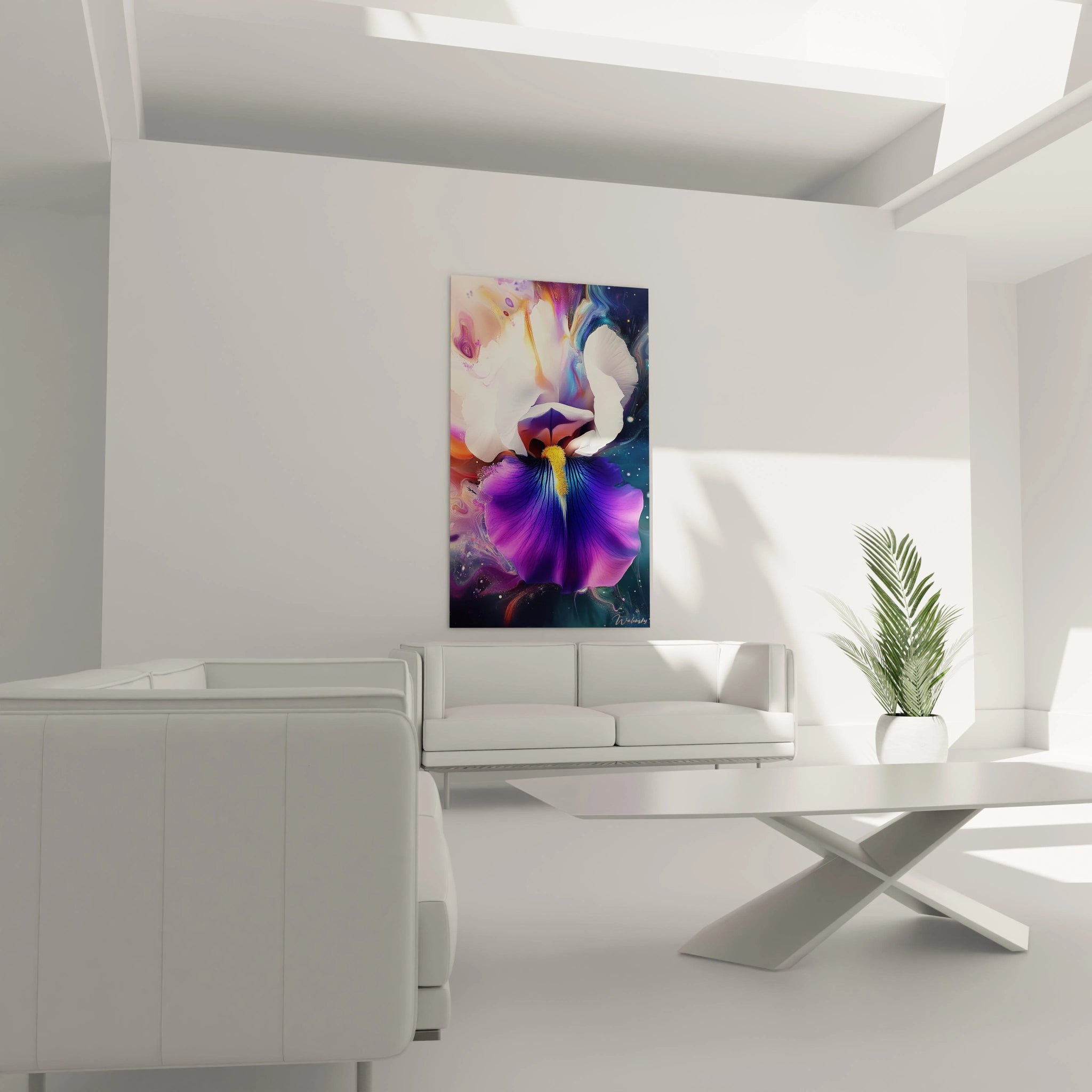 Un tableau iris nature montrant une fleur détaillée aux teintes violettes et blanches, avec un cœur jaune éclatant, entourée d’un fond dynamique aux effets de fluidité et de contrastes lumineux.