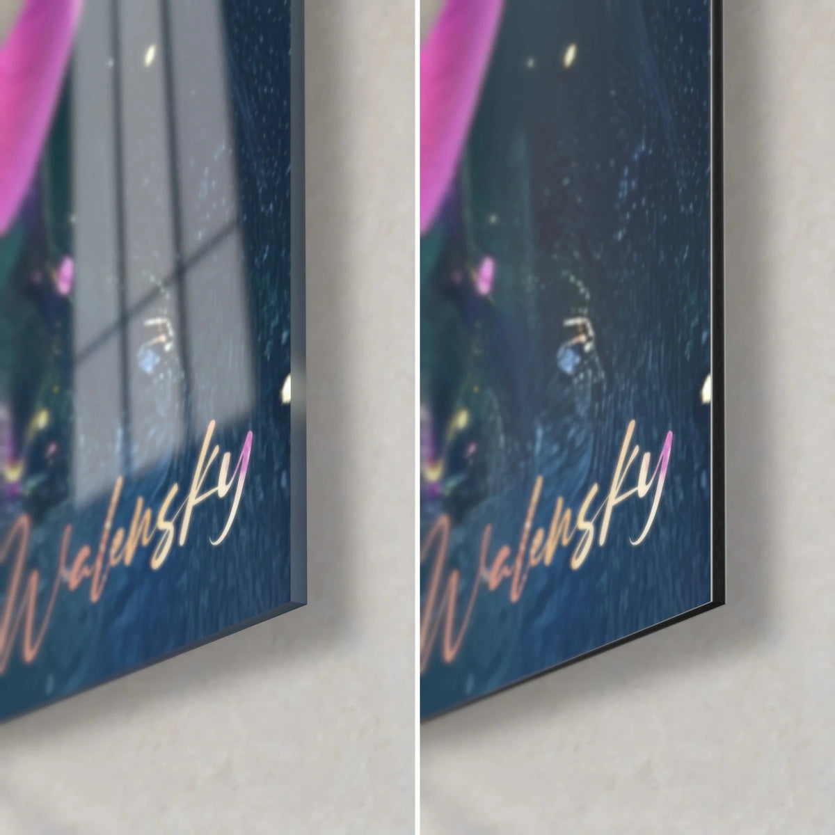 Wall art of an iris orchid with magenta reflections, bottom right corner in glossy glass and matte Dibond, 3 mm edge, golden signature