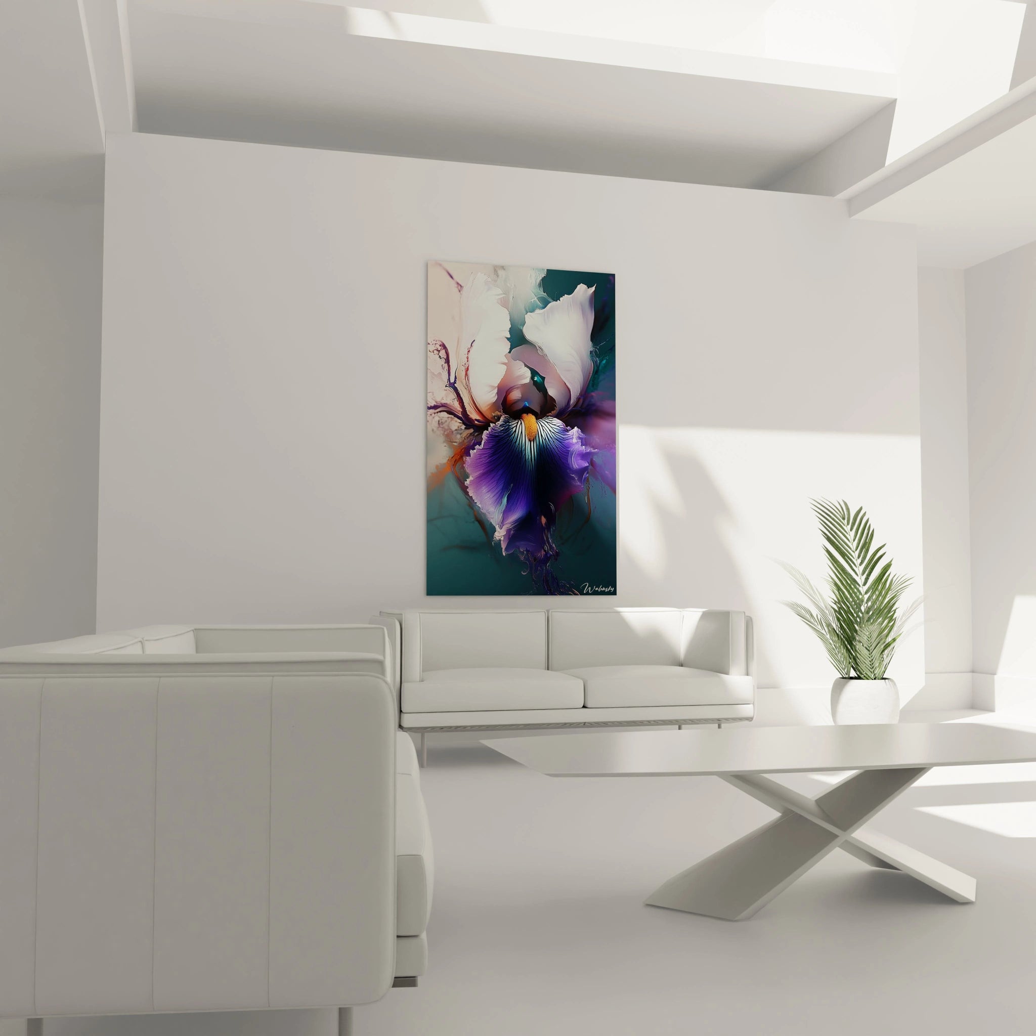 Un tableau iris nature mettant en scÚne une fleur abstraite aux pétales blancs et violets, avec un centre orangé. Les textures lisses et les effets de fusion de couleurs créent une impression de fluidité.