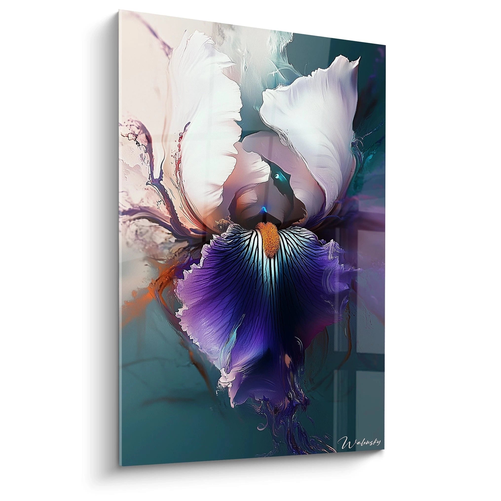 Un tableau iris nature représentant un iris en gros plan, aux pétales blancs et violets avec des nervures foncées. Des textures fluides et contrastées créent un effet de profondeur sur un fond bleu-vert.