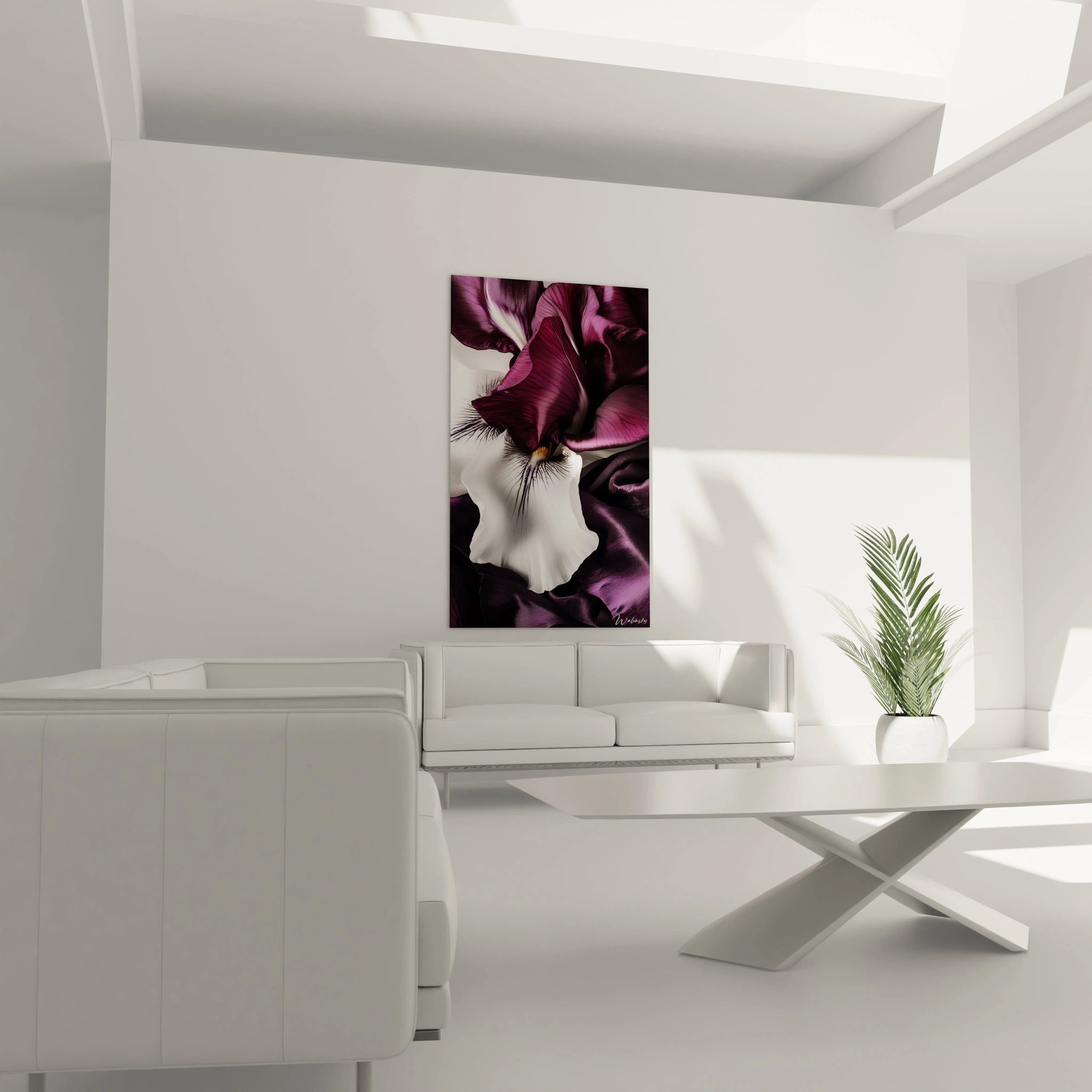 Un tableau Iris nature mettant en avant des pétales aux nuances violettes intenses et blanches, avec des dégradés doux et une texture fluide évoquant la finesse du tissu.