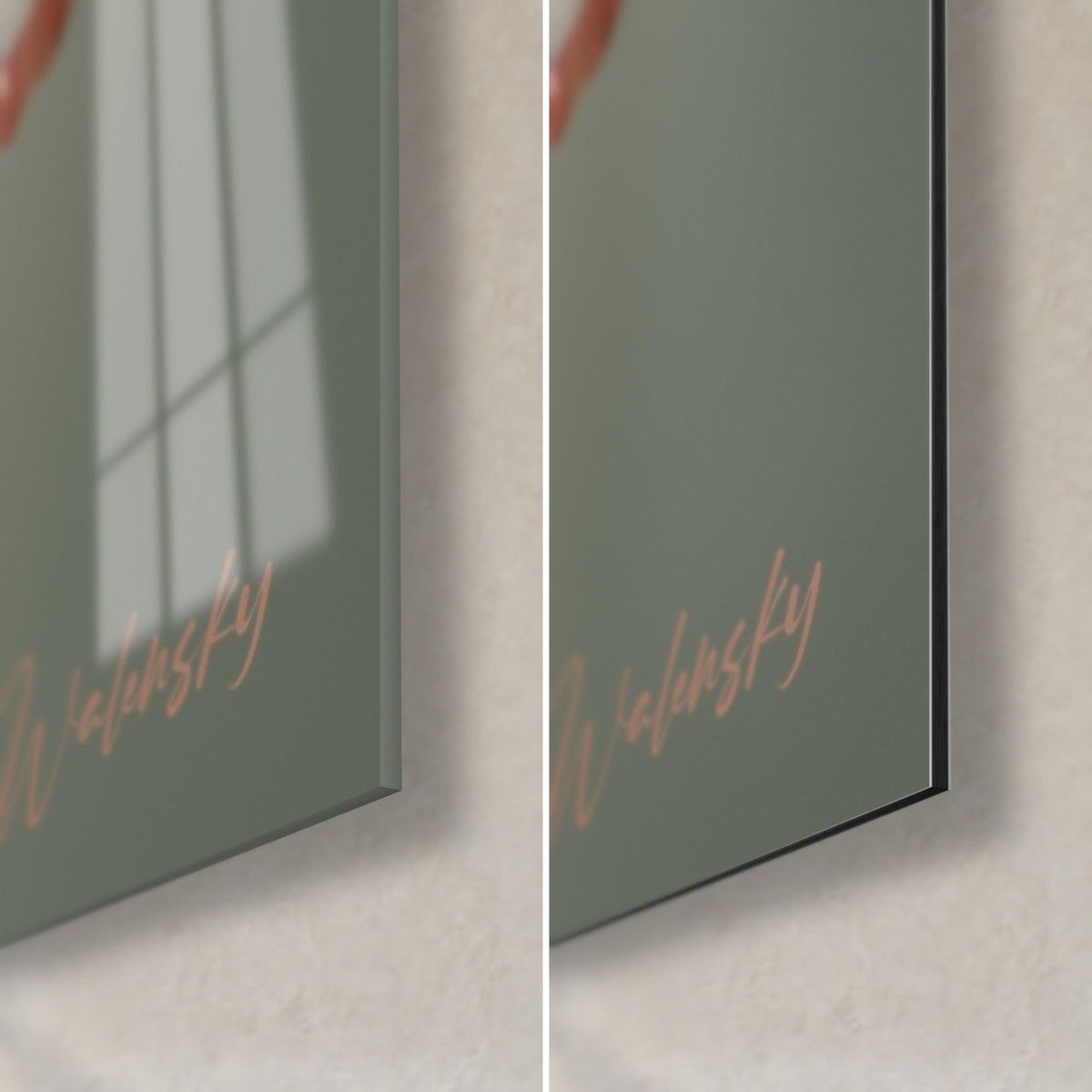 Wall art pale pink iris petal on glossy glass on the left, matte grey-green Dibond on the right, 3 mm thick