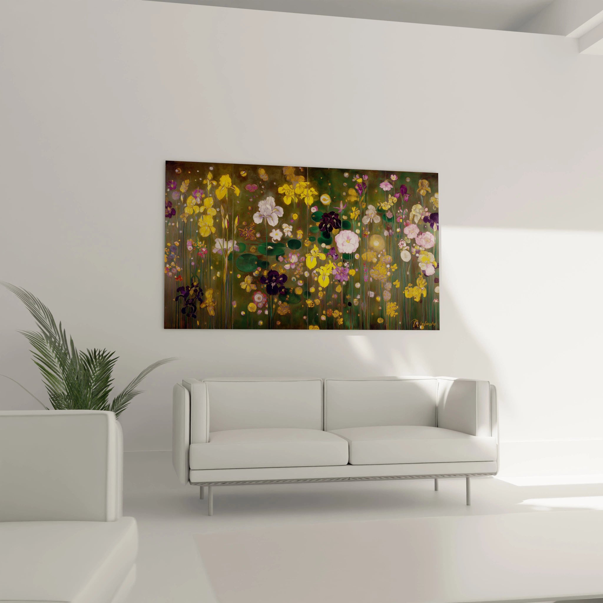 Walensky tableau mural tableau iris symboliste peinture florale stylisee tons verts jaunes violets au dessus d un canape