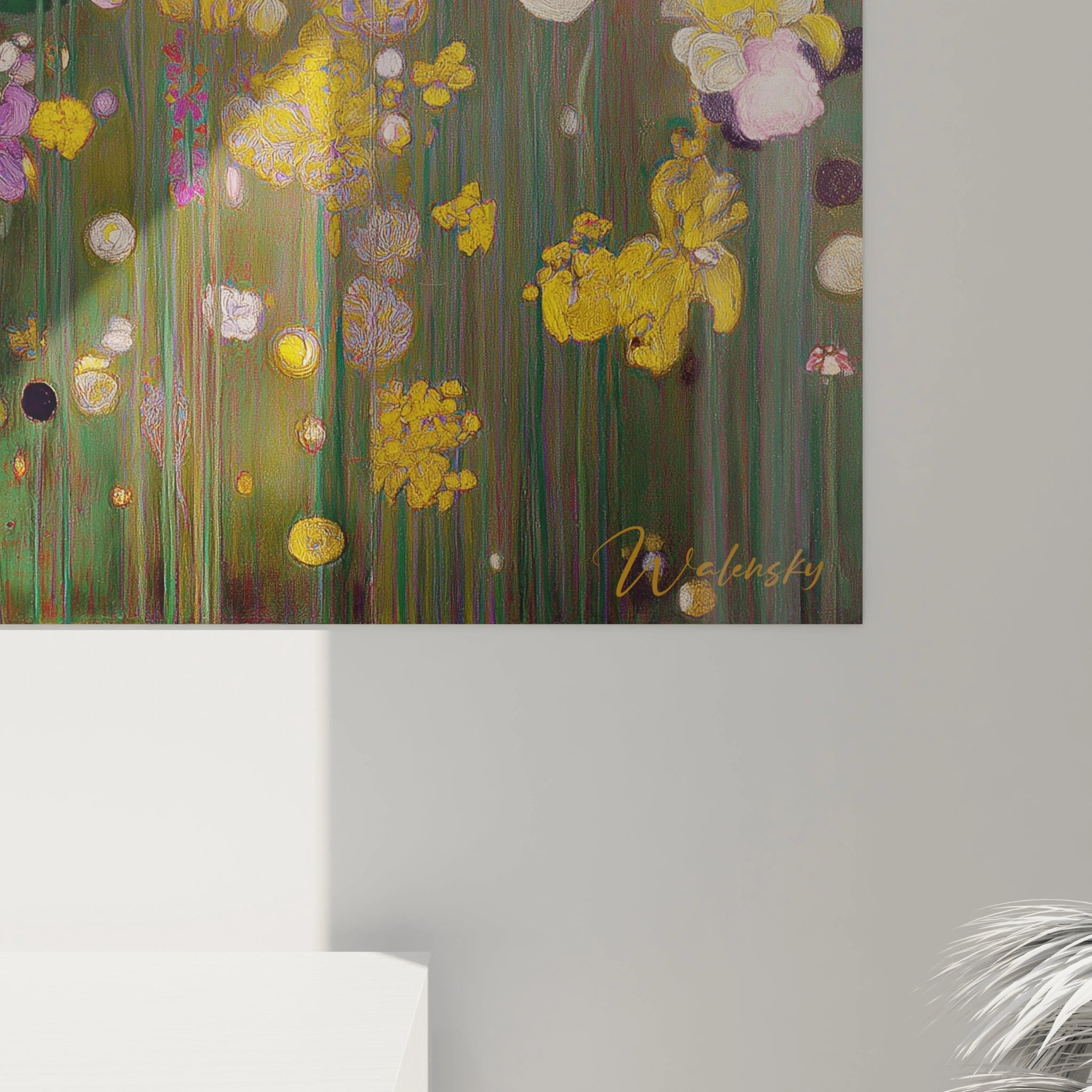 tableau iris symboliste Walensky mural abstrait, fleurs d iris jaunes, filets verticaux et touches dorées