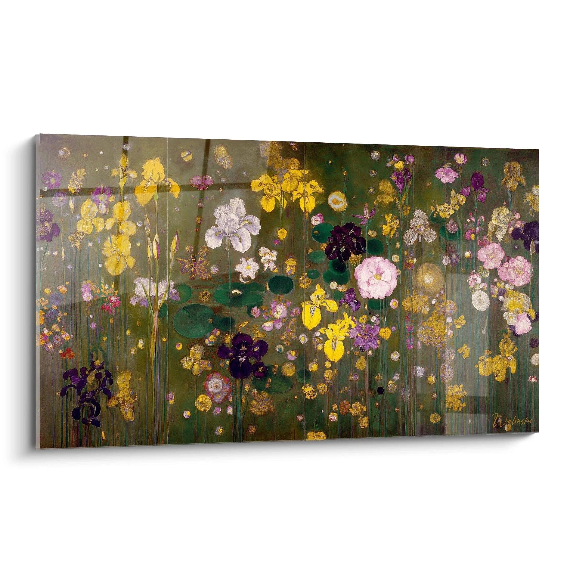 Tableau mural Walensky tableau iris symboliste aux fleurs jaunes violettes et roses sur fond vert doré