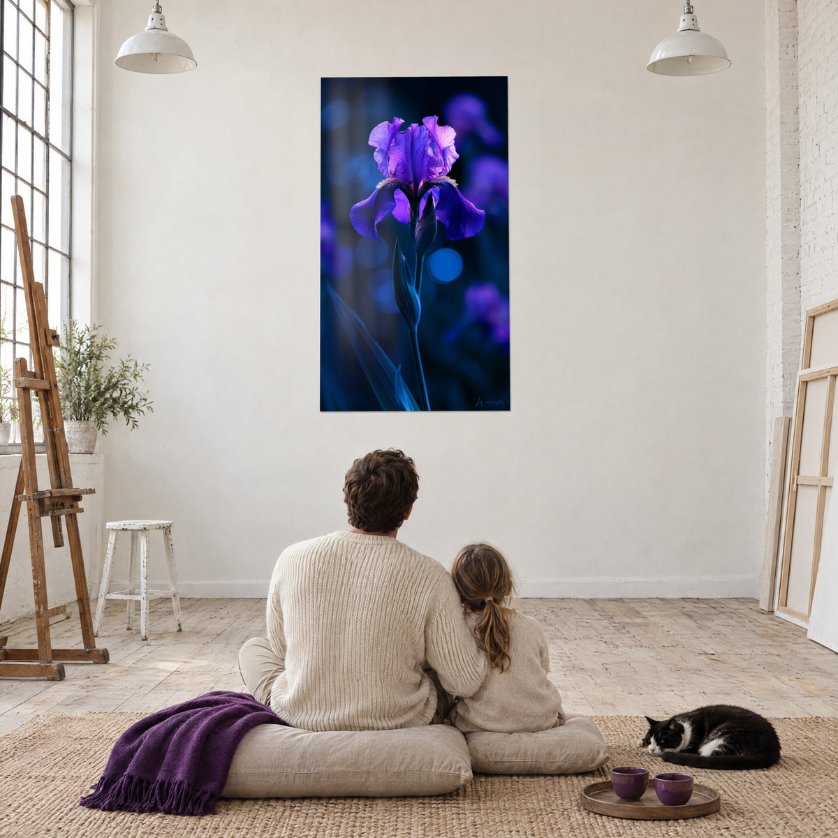 Cuadro Corola de iris amatista y azul noche, capullos desenfocados al fondo, frente a una pareja y un gato blanco y negro