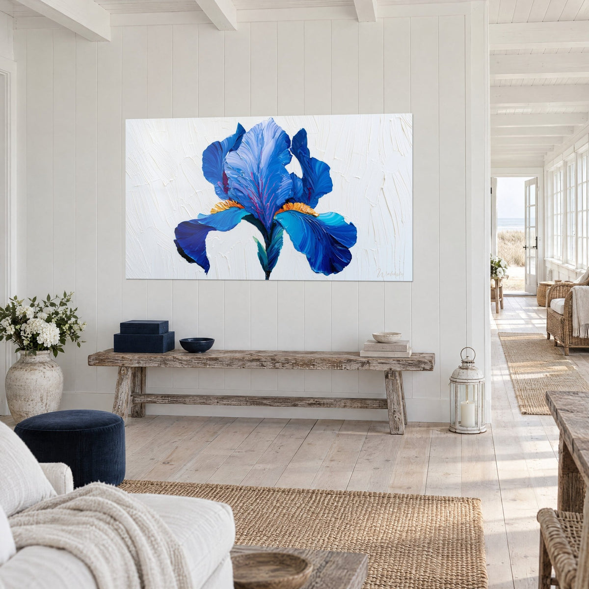 Wall art Iris flower in palette-knife strokes, ultramarine blue and turquoise, golden stamens, seaside setting, rough wooden bench