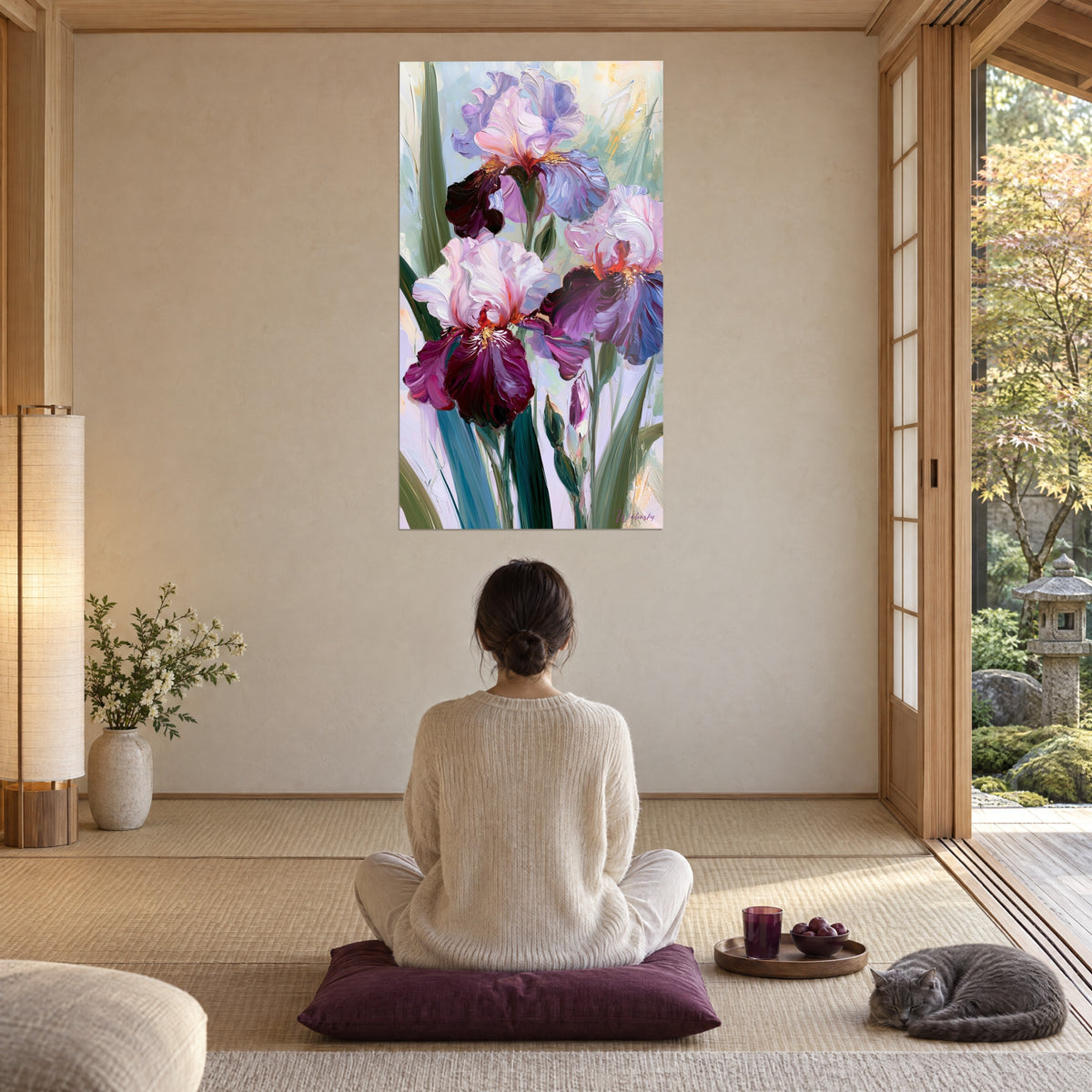 Schilderij paarse irissen met diepgroene stelen, tegenover een vrouw op een pruimkleurig kussen, een grijze kat ligt ernaast