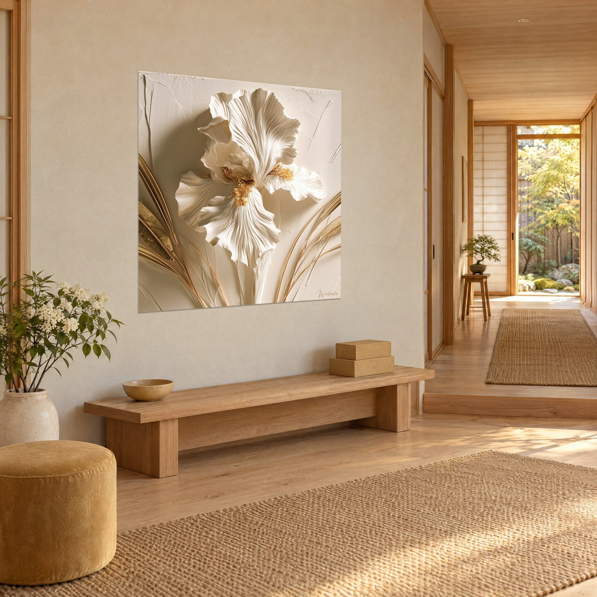 Wall art ivory orchid with gold fringes, wavy petals on a textured beige background, at the end of a japandi hallway in three-quarter view