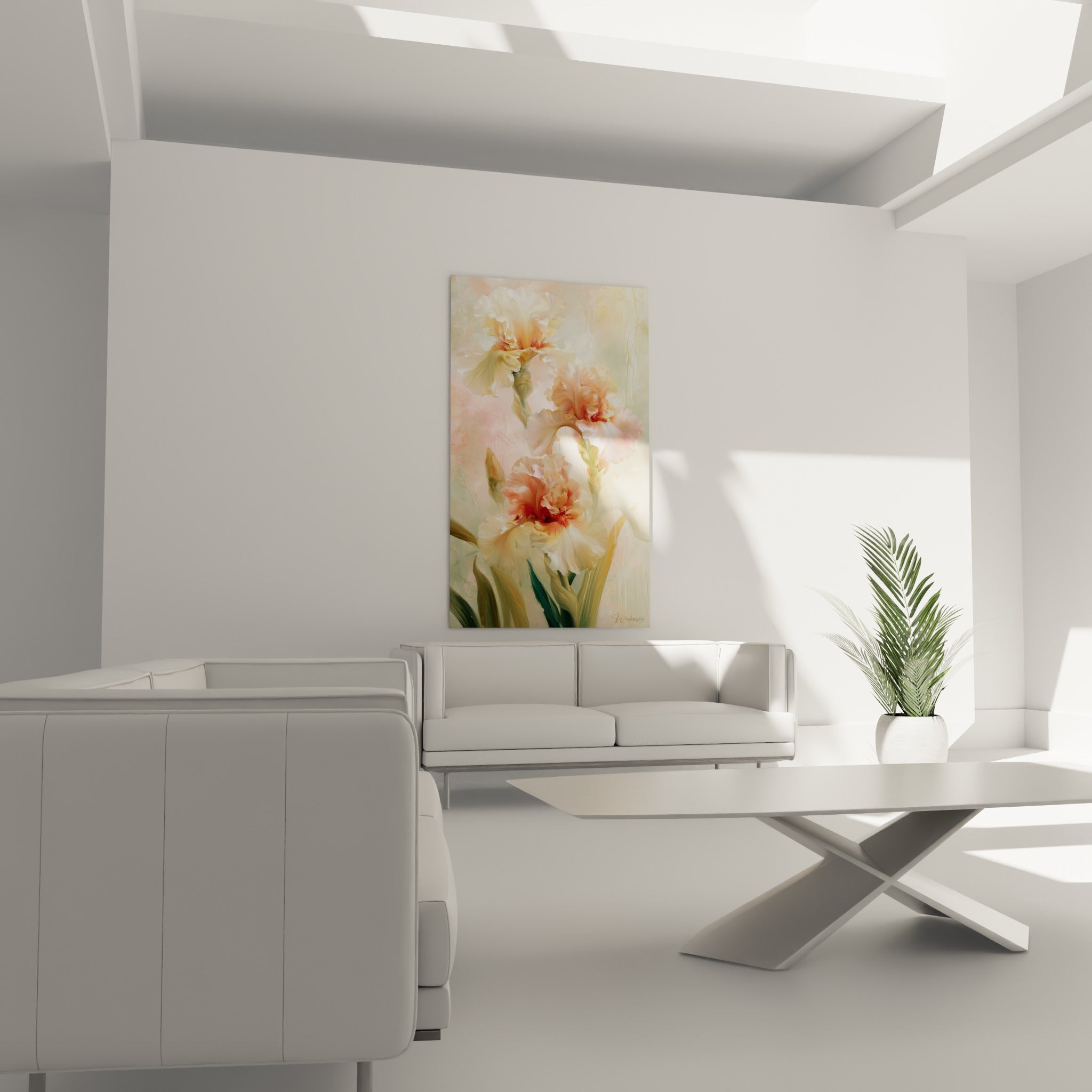 Bouquet d'iris rose pâle et doré placé au-dessus d'un canapé dans un salon lumineux