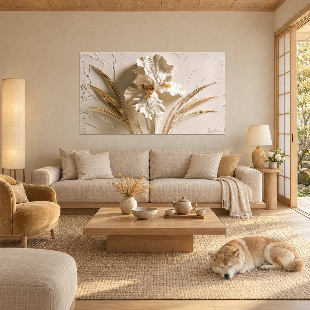 Wall art ivory iris in relief with gold leaves, sculpted cream petals, Shiba lying above a sofa in a bright living room