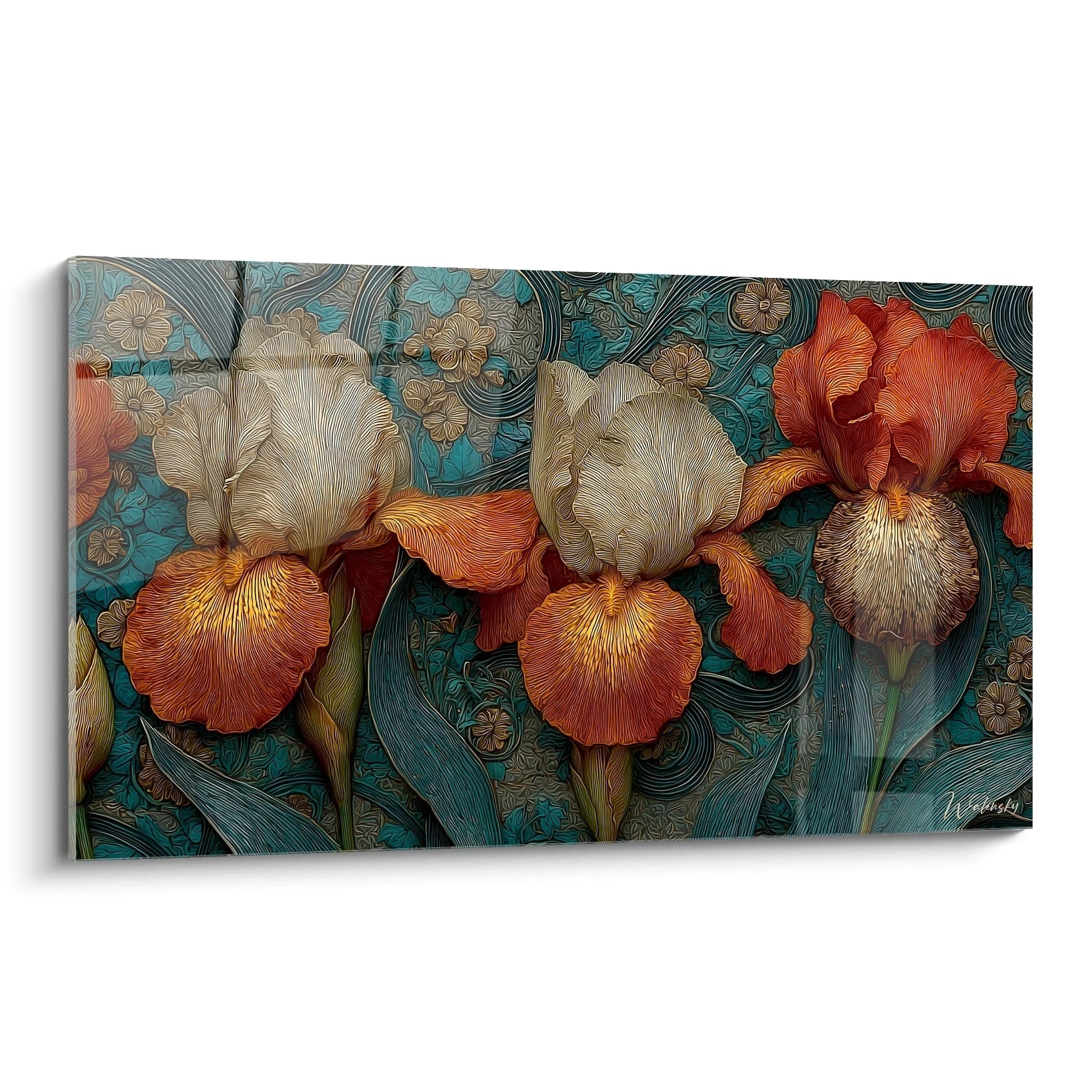 tableau iris art nouveau Walensky avec iris orange et crème sur fond ornemental turquoise pour déco murale