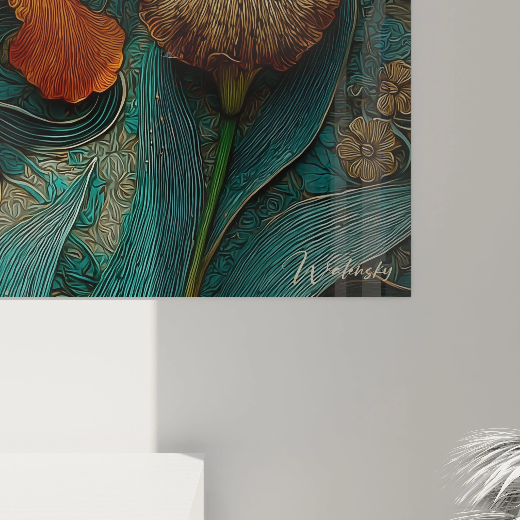 tableau iris art nouveau Walensky grand motif floral bleu et orange pour decoration murale elegante