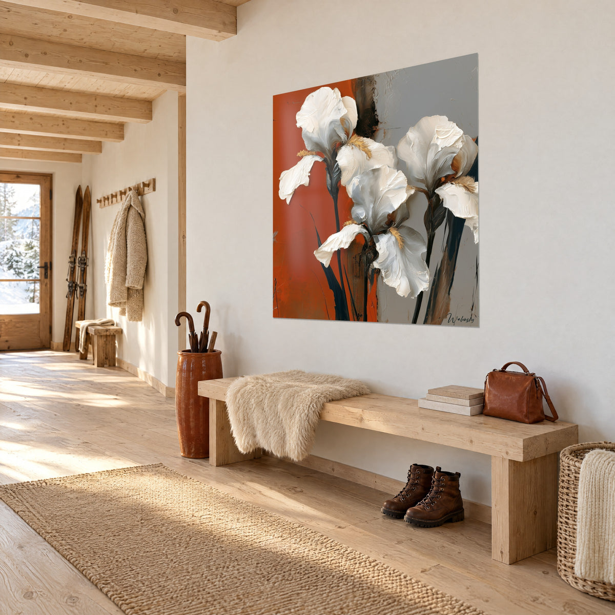 Wall art three white flowers in relief, black stems, burnt orange and pearl grey flat areas, seen at an angle in a chalet entryway
