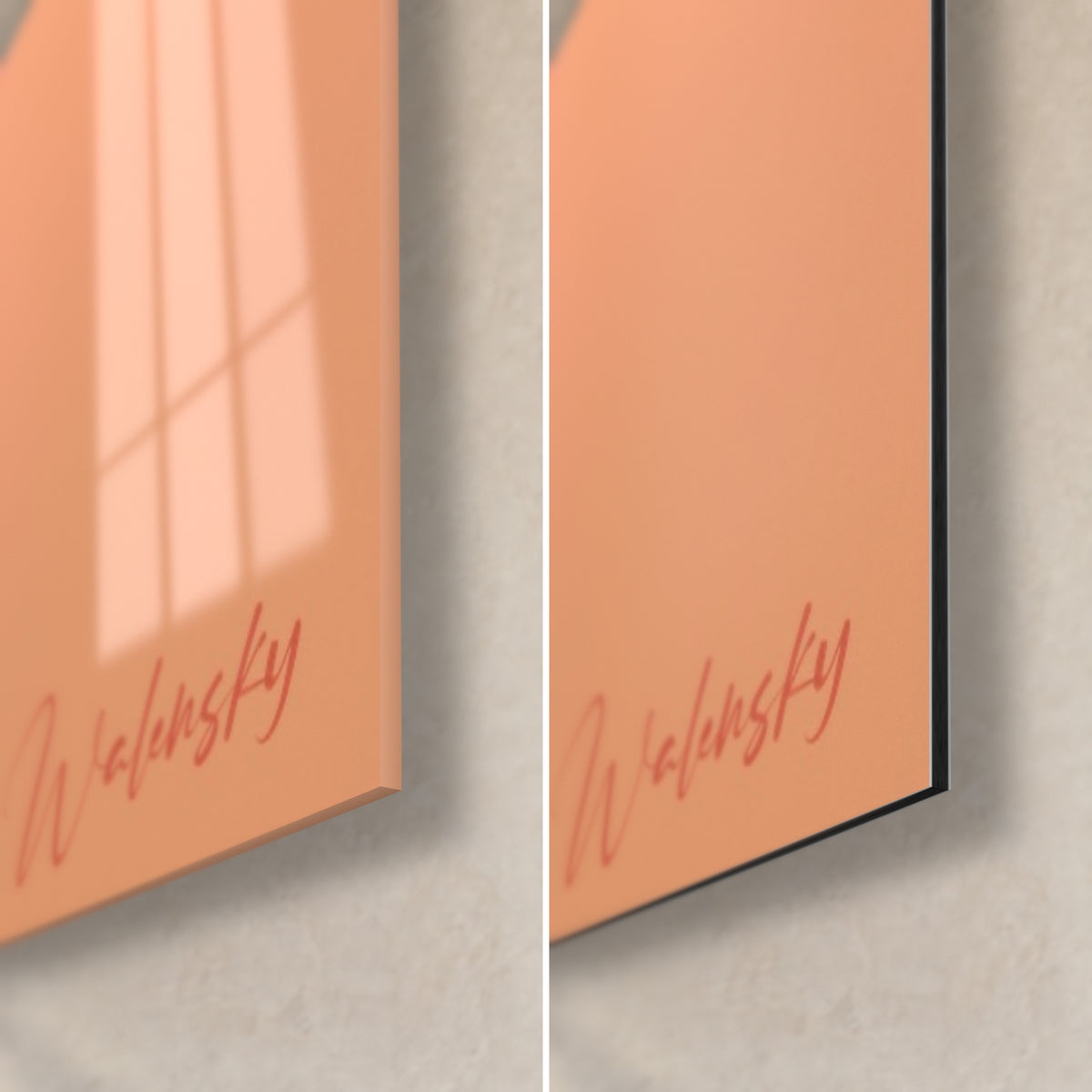 Cuadro de iris en melocotón y coral, esquina inferior derecha: cristal acrílico brillante con reflejos y Dibond de aluminio negro mate, canto de 3 mm