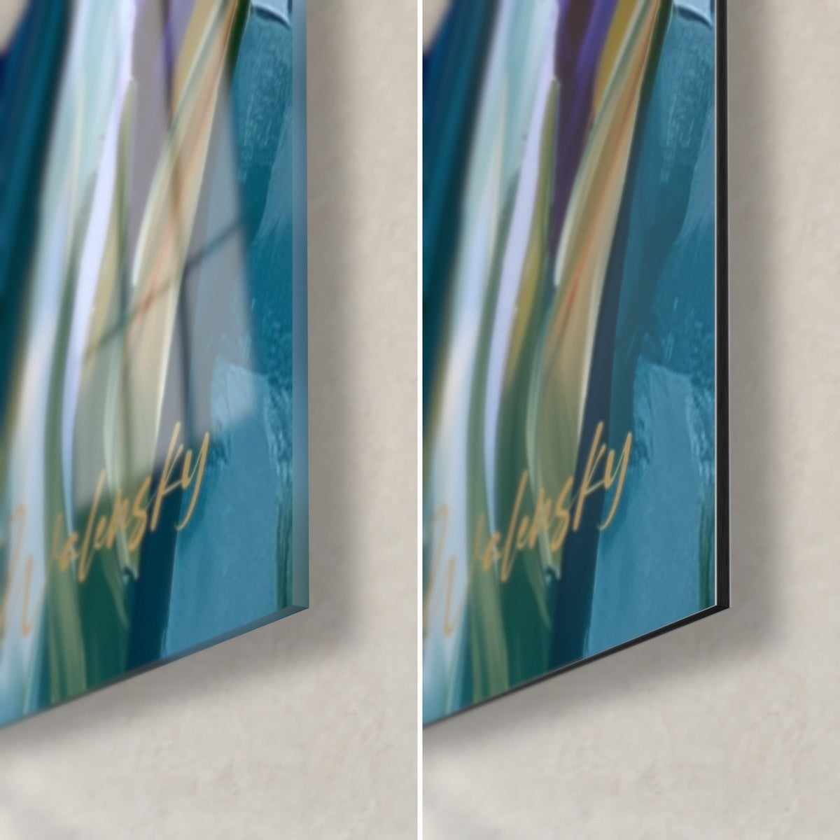 Wall art with iris flowers, glossy acrylic glass corner at bottom right with reflections, matte aluminium Dibond on the right, 3 mm edge