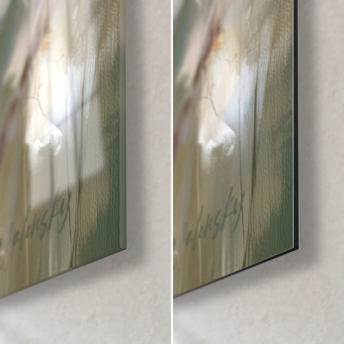 Wall art of an iris field in a soft, painterly style, bottom right corner: glossy glass on the left, matte grey Dibond on the right, thin edge