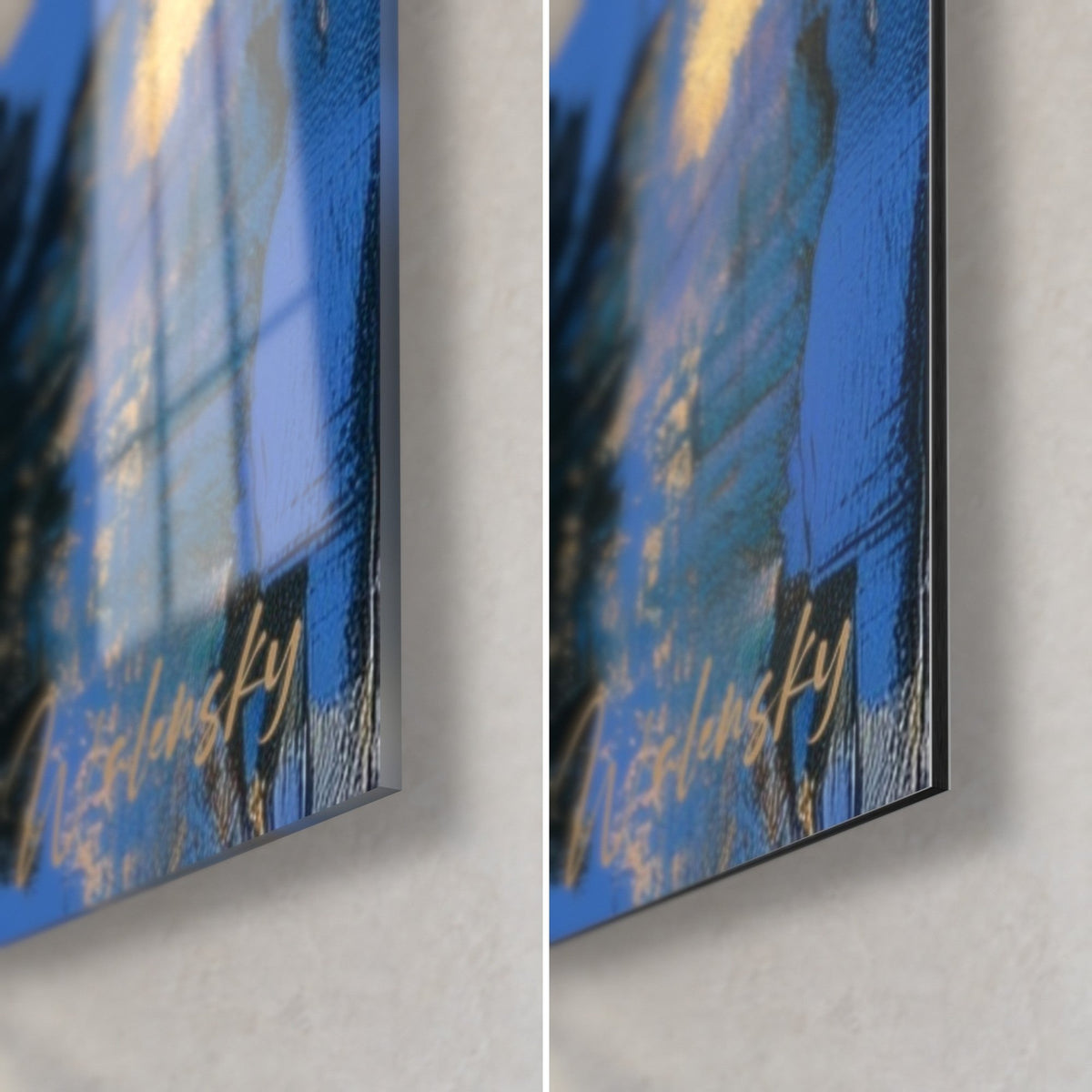 Wall art Midnight blue iris, bottom right corner: glossy acrylic glass with reflections and matte Dibond aluminium, 3 mm edge, gold accents