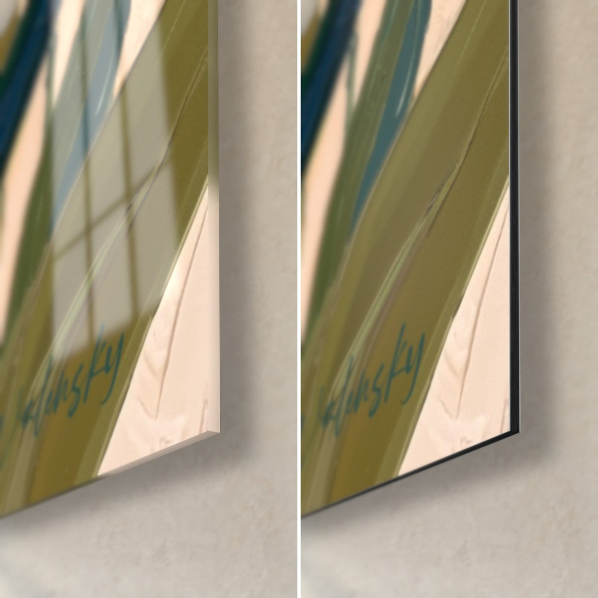 Wall art olive green iris leaves, bottom right corner: glossy acrylic glass reflecting the window, matt black Dibond, 3 mm edge