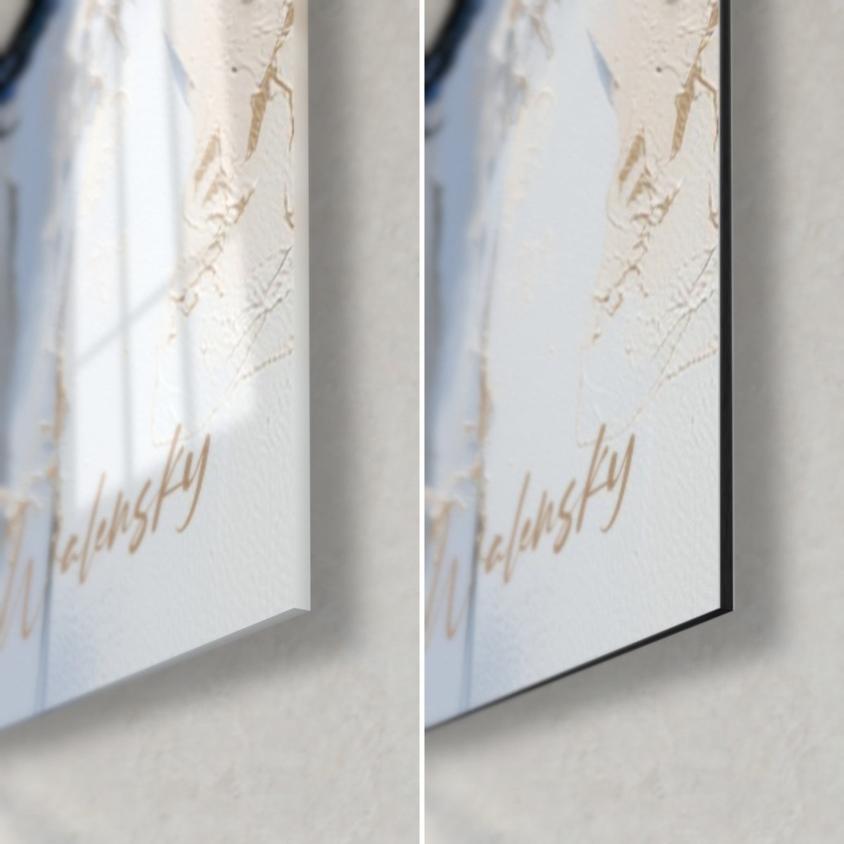 Gemälde Iris in Nachtblau und Weiß, untere rechte Ecke: links glänzendes Acrylglas, rechts matter Dibond-Alu, 3 mm Kante