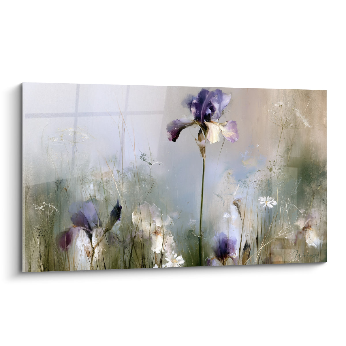Iris violet et blanc peint dans une prairie brumeuse aux tons beige et vert olive