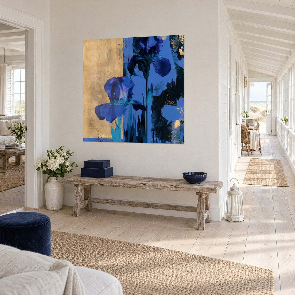 Wall art Violet and turquoise iris bloom, upright black stem, gold leaf panel, on a white wall of a seaside house