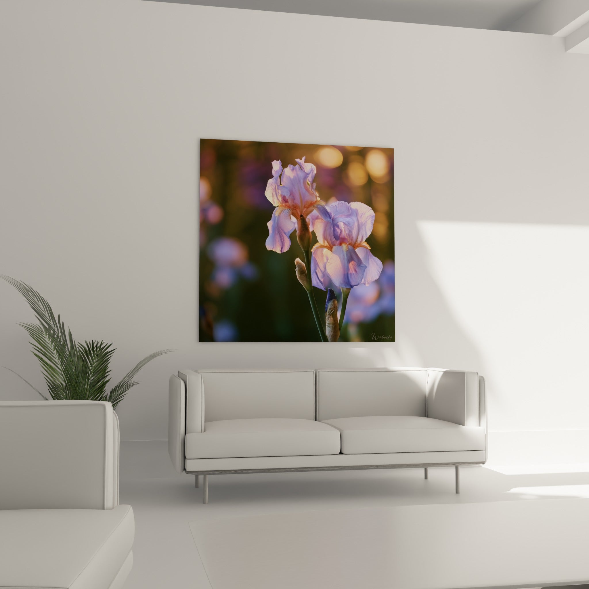 Pétales d'iris violet et vert sombre disposés au-dessus d'un canapé dans un salon lumineux