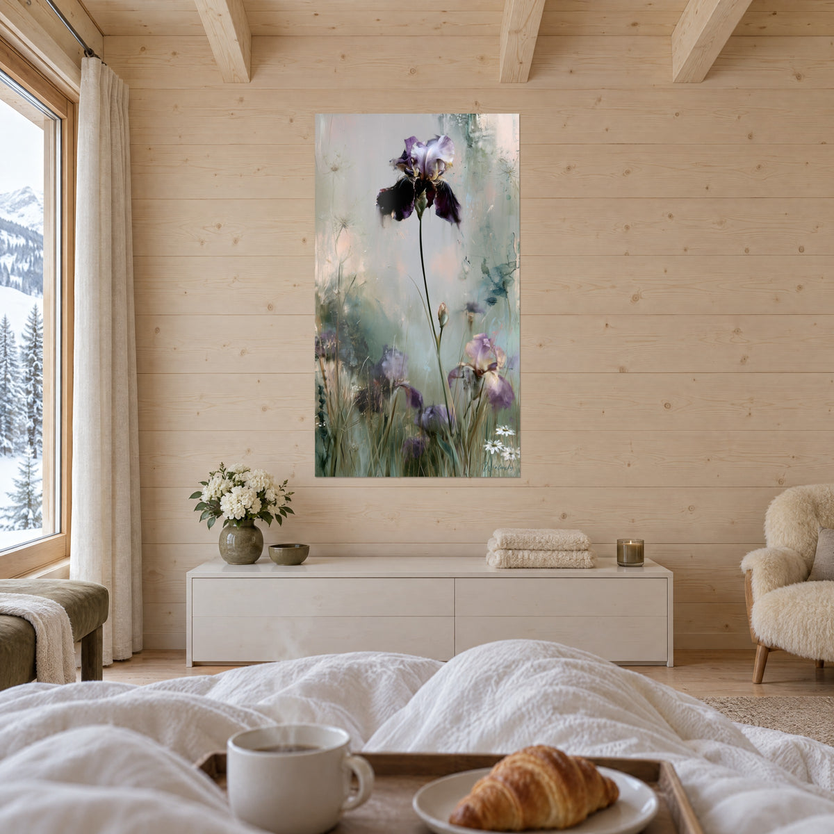 Cuadro capullo de iris en tallo verde largo, pétalos lila y nubes rosas, encima de una cama en un dormitorio luminoso