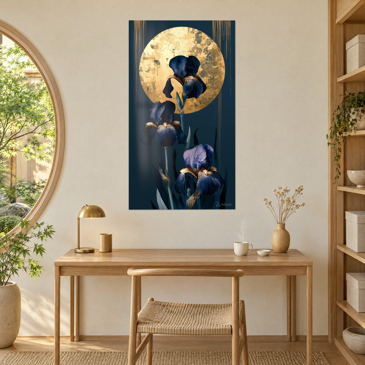 Cuadro con una luna llena en oro patinado que vela unos iris azul noche y violeta, colgado encima de un escritorio de roble claro
