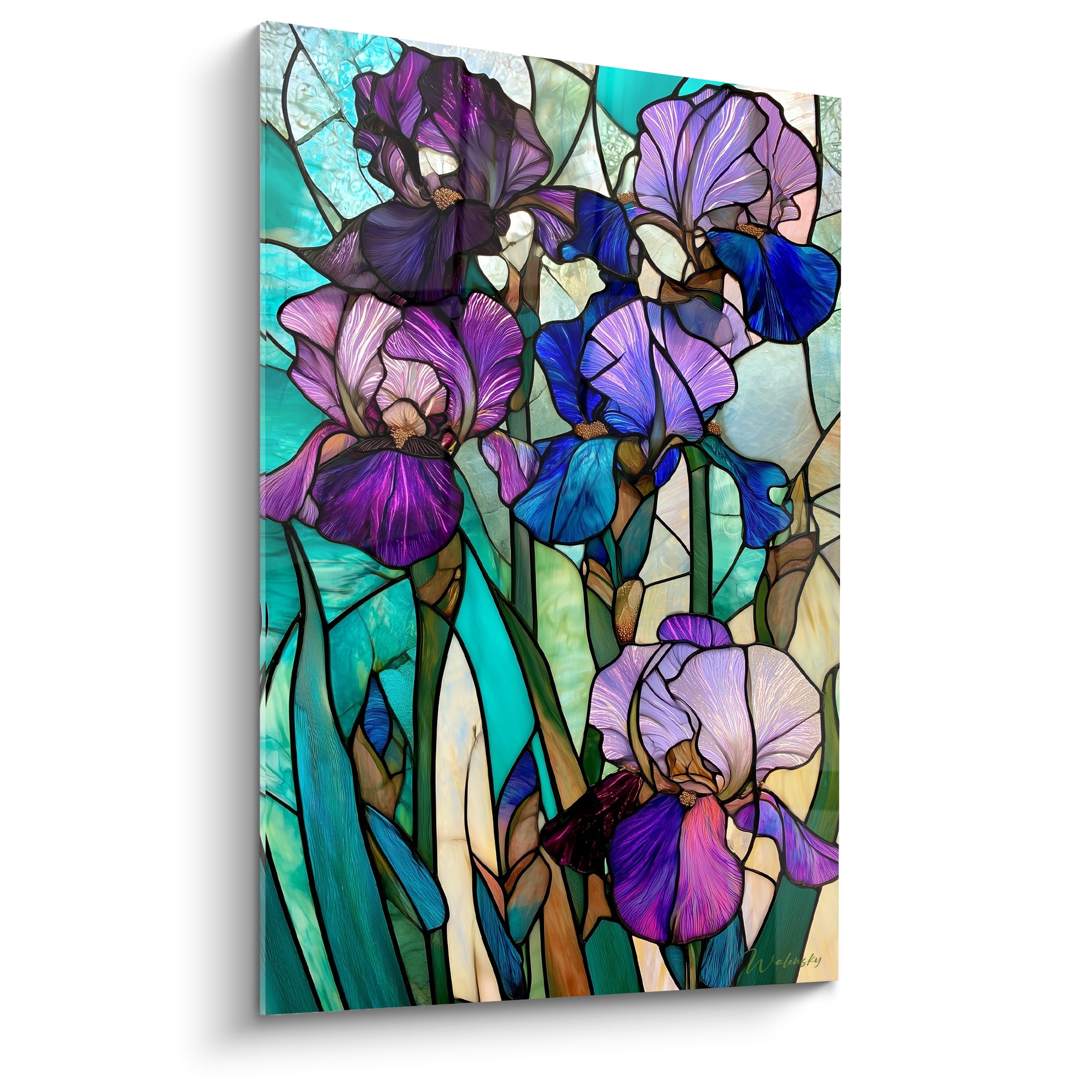 Iris violets et bleu marine en vitrail, pétales nervurés sur fond turquoise éclatant
