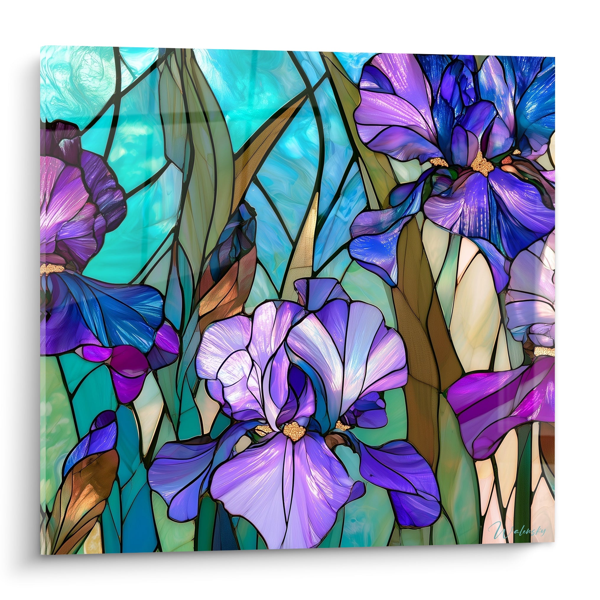 Iris violets et turquoise en vitrail, pétales détaillés et cœurs dorés lumineux