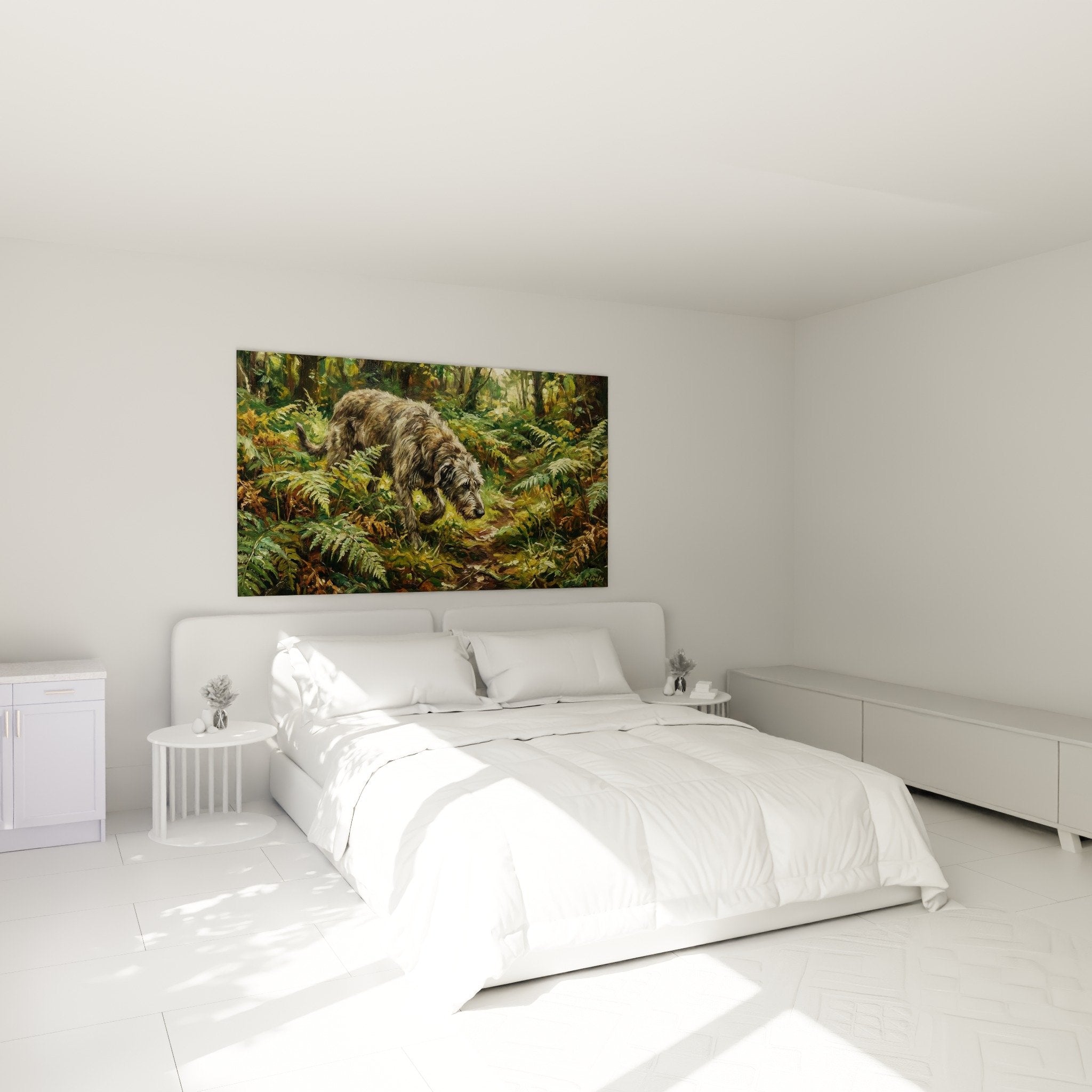 Tableau Irish Wolfhound tons cuivrés et verts exposé dans chambre aux murs clairs et mobilier naturel