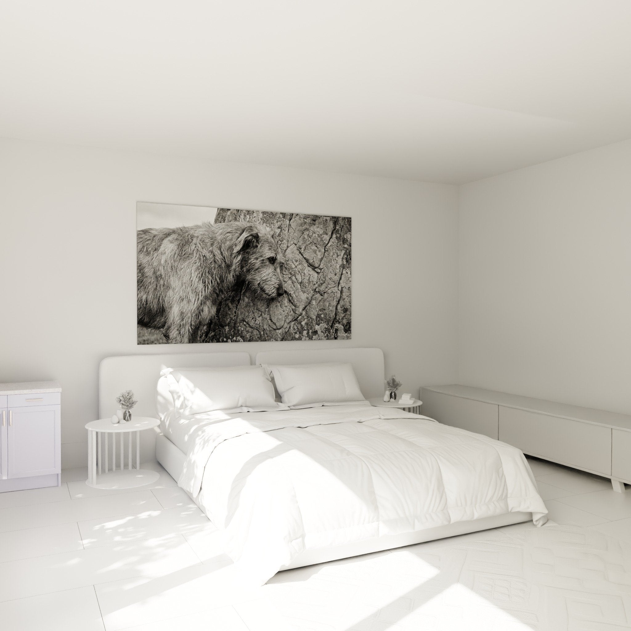 Quadro Irish Wolfhound roccia spaccata in camera moderna, decorazione murale bianco e nero rilassante
