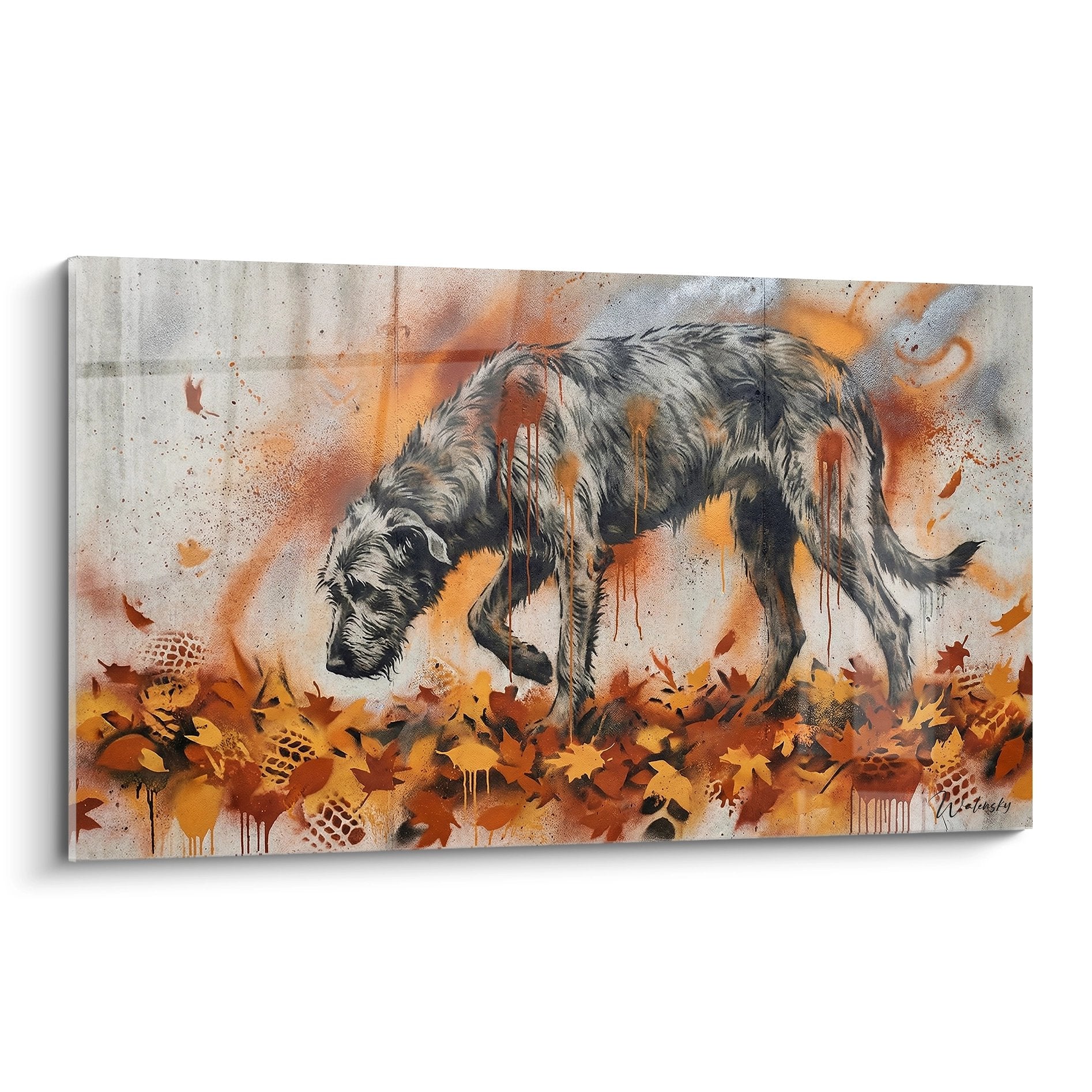 Tableau Irish Wolfhound gris en position de chasse parmi eclaboussures orange et feuilles automnales