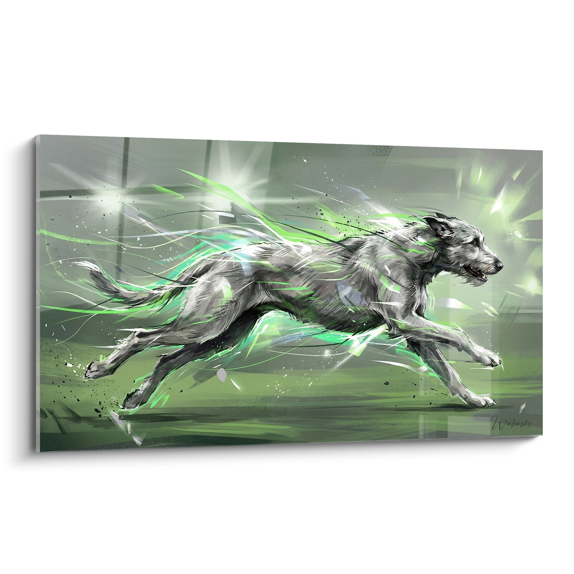 Tableau moderne Irish Wolfhound gris en course avec effets lumineux verts électriques sur fond neutre