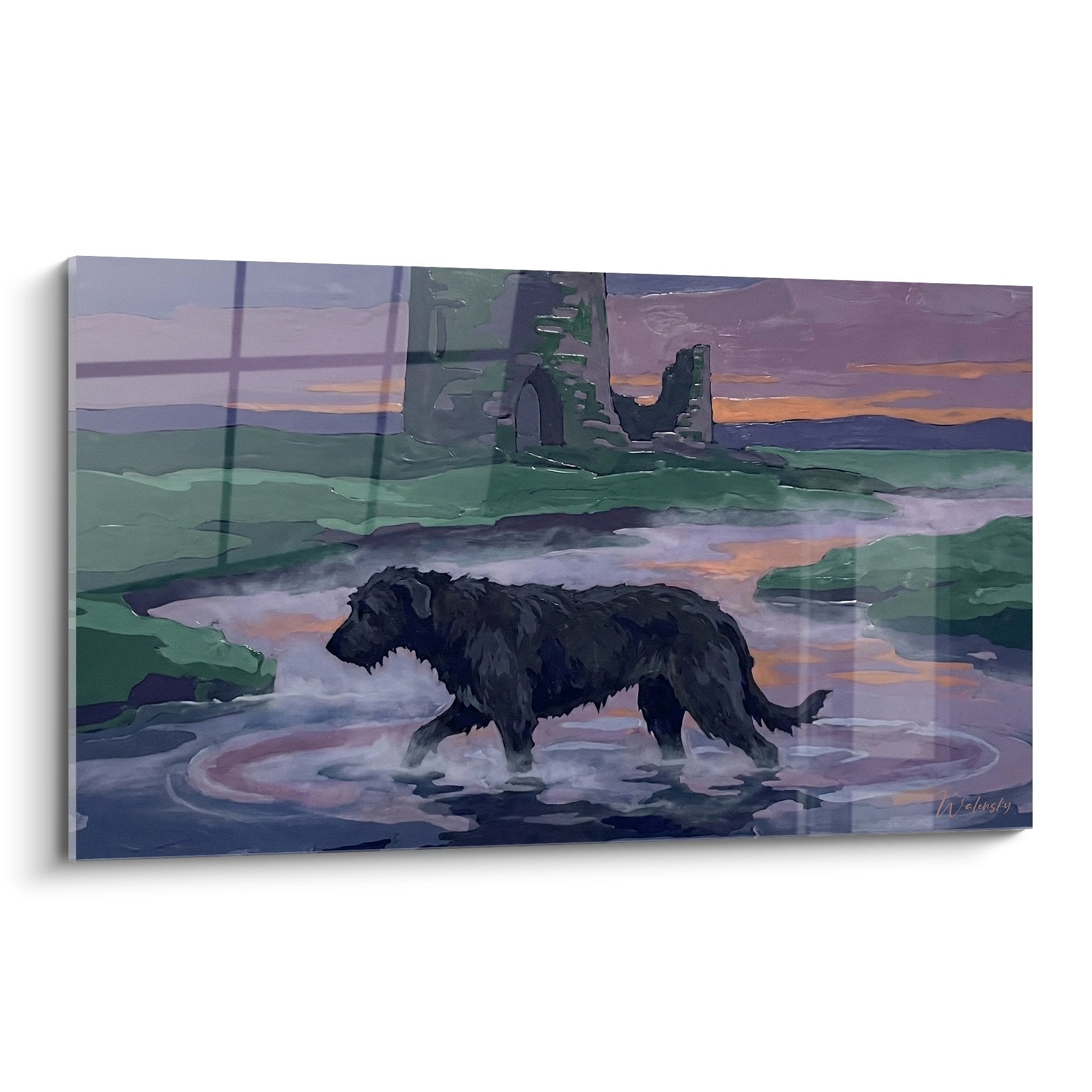 Tableau Irish Wolfhound traversant riviere aux reflets violets brumes crepusculaires ruines medievales