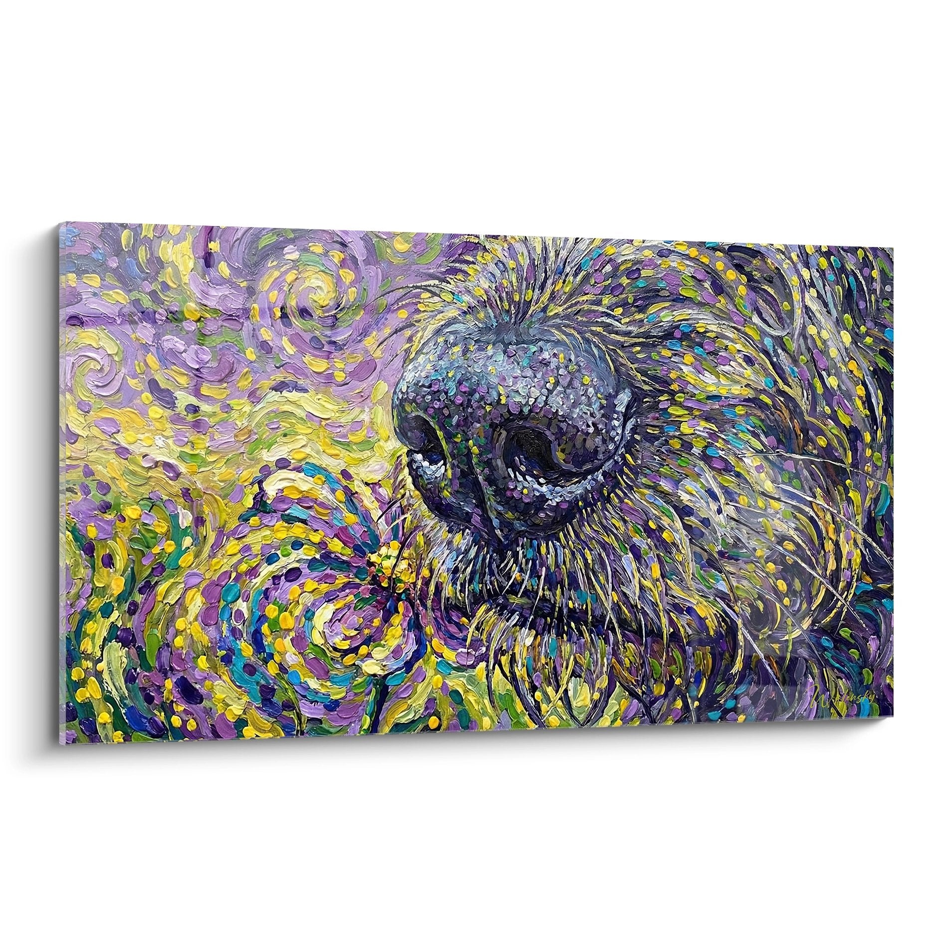 Portrait artistique Irish Wolfhound style tourbillonnant violets dorés regard expressif peinture moderne