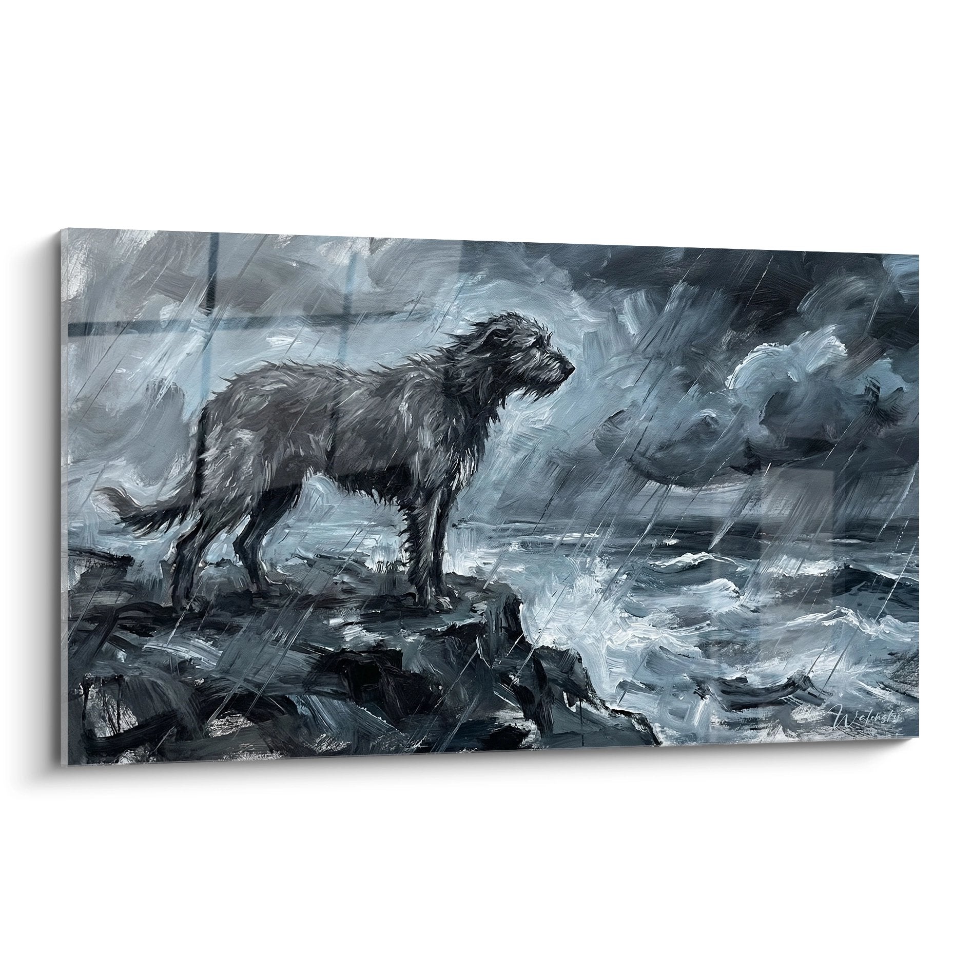 Tableau Irish Wolfhound sous orage tempete peinture grise dramatique art canin expressif mural decoration