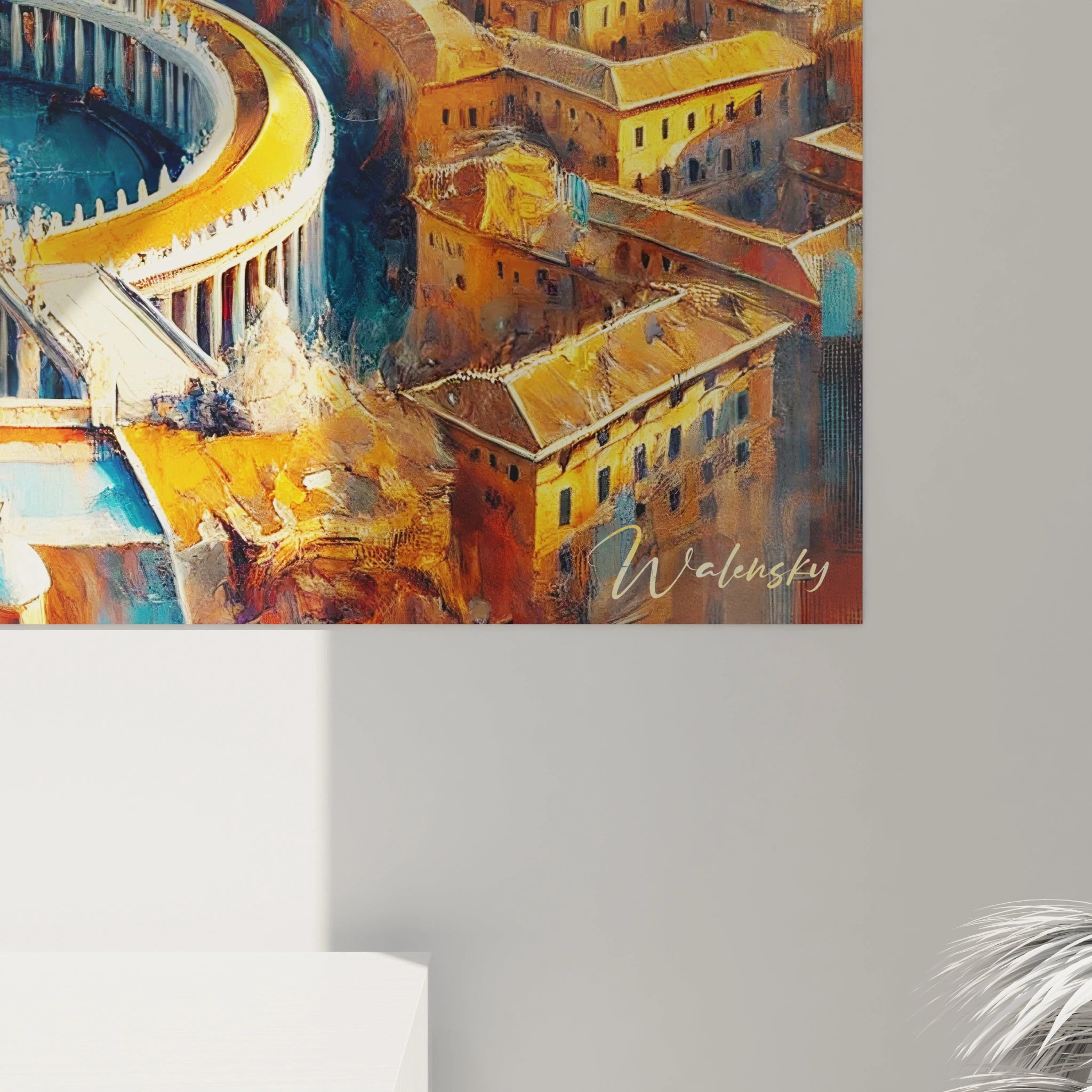 Une vue rapprochée révèle les détails texturés du tableau Italie. Chaque coup de pinceau capture l’essence des murs anciens et la lumière dorée qui embrasse les paysages côtiers et les villages perchés.