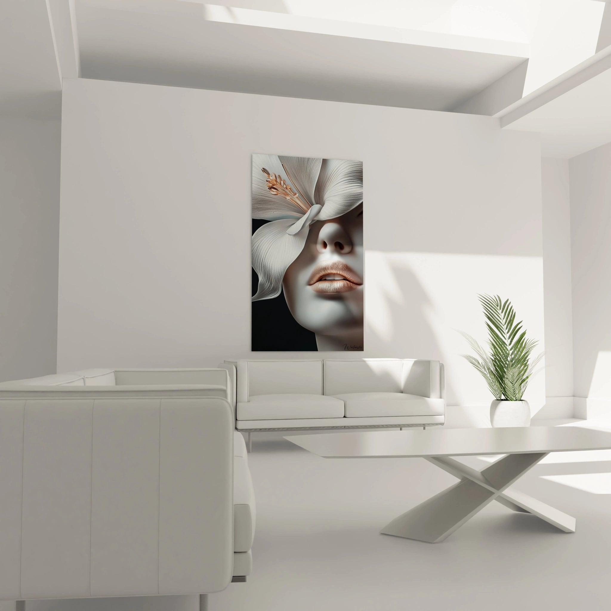 Un tableau fleur visage d'une élégance minimaliste où un visage aux lèvres cuivrées se transforme en fleur blanche aux lignes organiques finement détaillées, créant une composition harmonieuse entre l'humain et le végétal sur fond obscur.