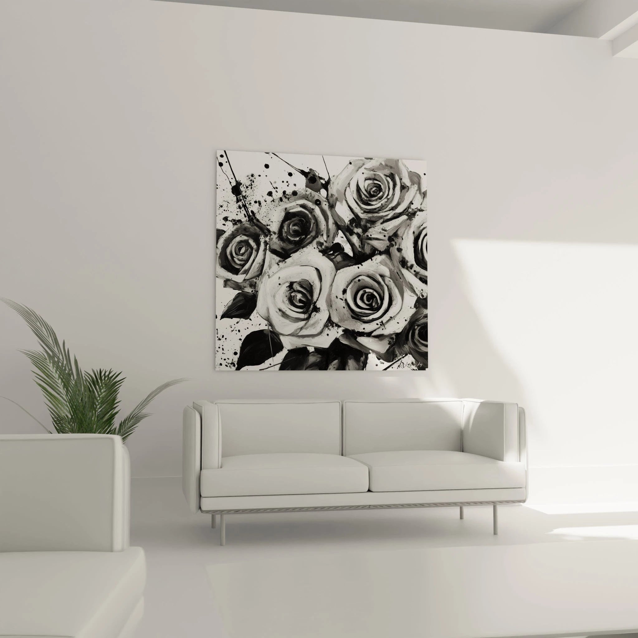 Tableau tacheté noir et blanc de roses sur mur dans salon moderne avec canapé blanc