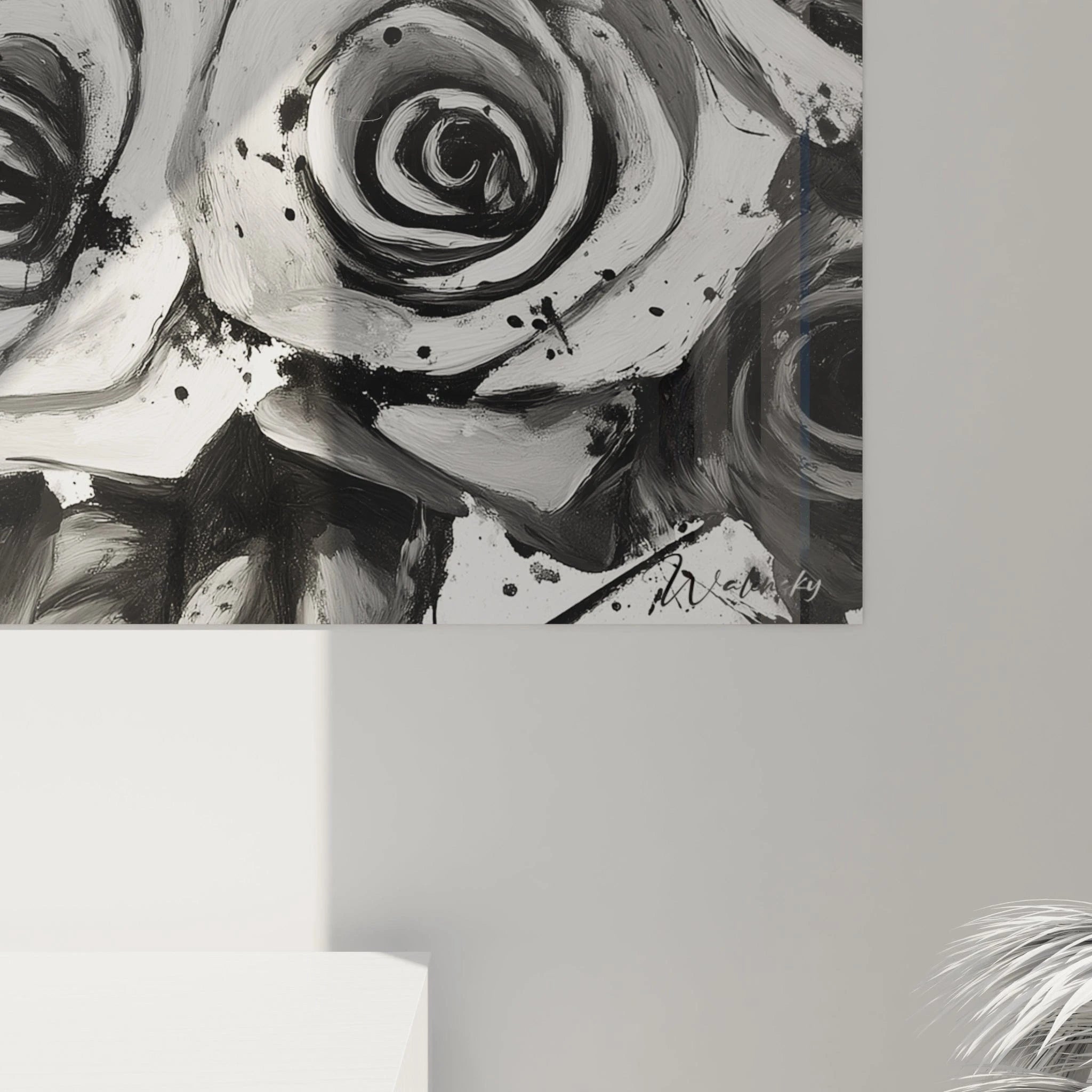 Tableau tacheté noir et blanc de roses par Walensky, ajoutant une touche artistique moderne à votre décoration