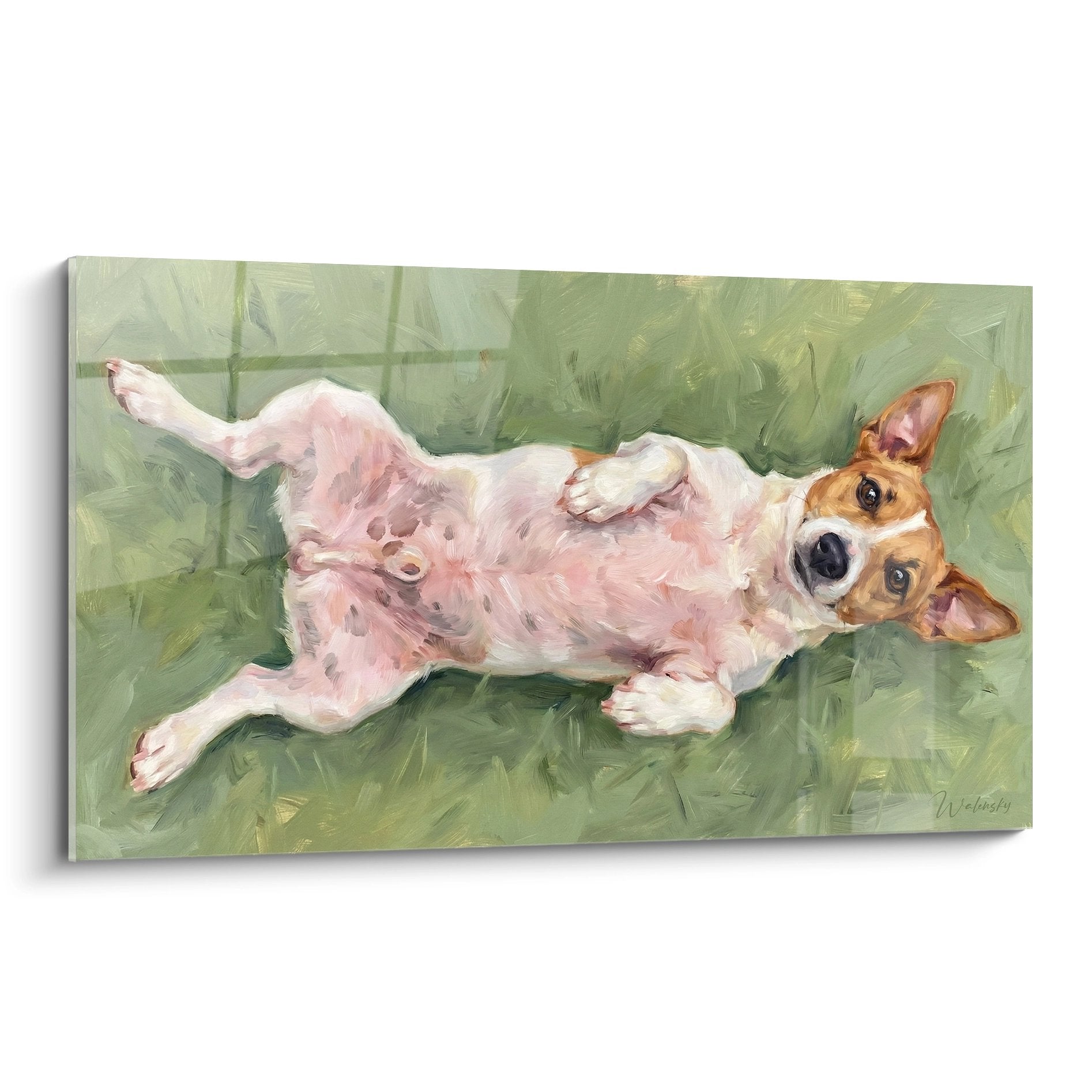 Gemälde Jack Russell Terrier, liegend auf grünem Hintergrund, Fell in Rosatönen, impressionistischer Stil