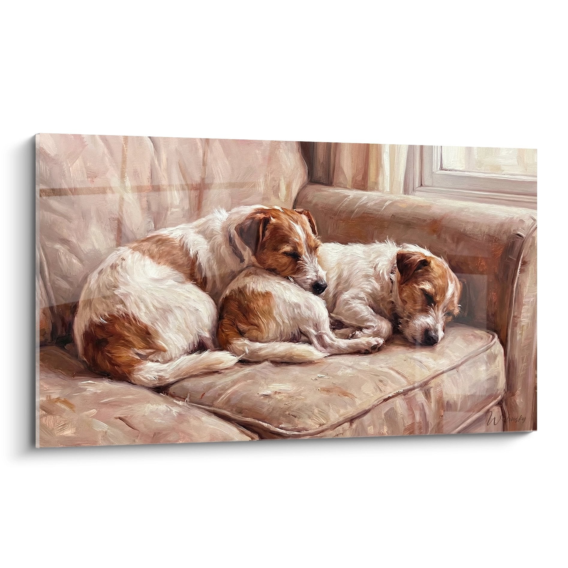 Tableau de deux Jack Russel Terriers endormis enlacés sur canapé beige tons chauds style peinture