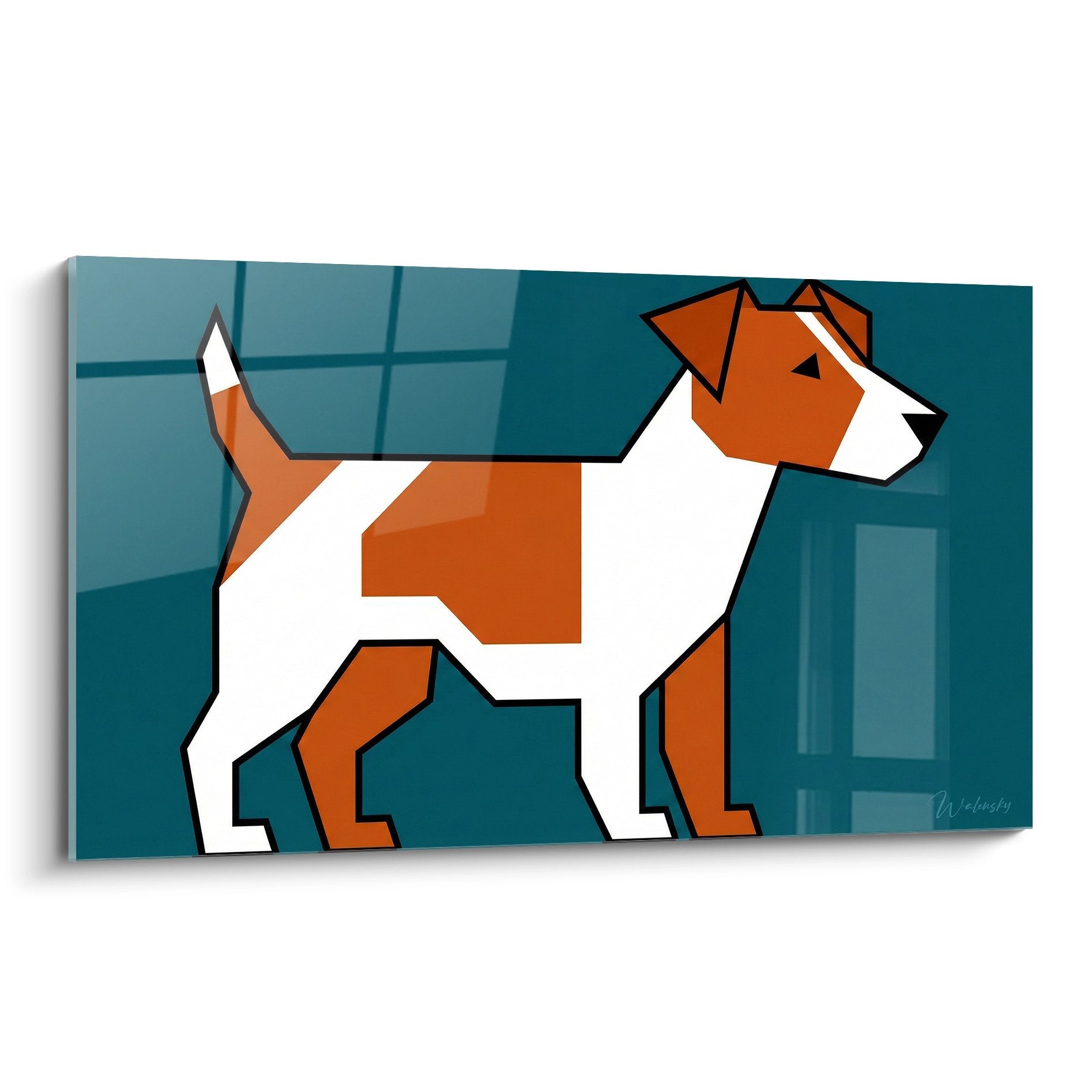 Tableau moderne jack russel terrier geometrique orange blanc fond bleu turquoise style cubiste contemporain
