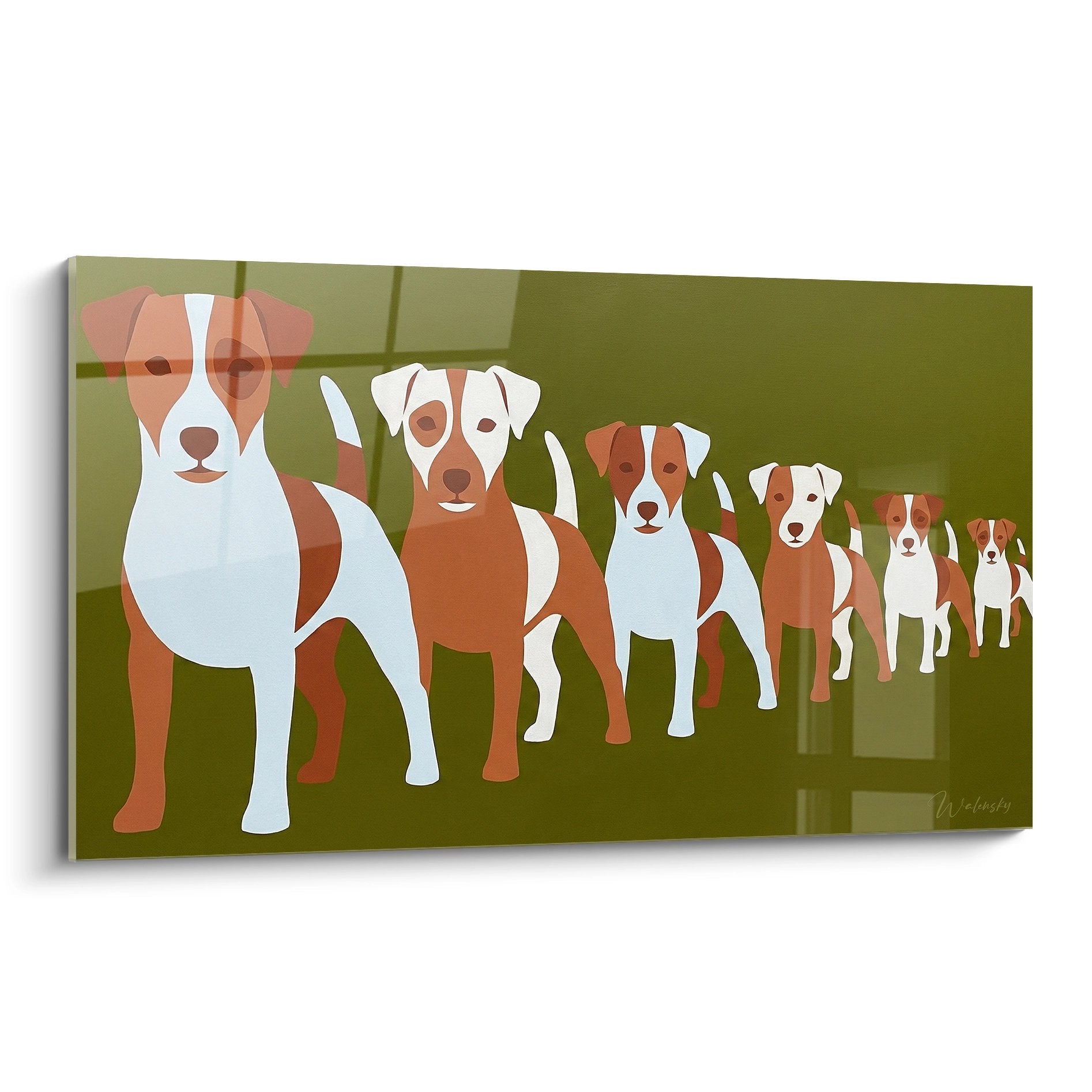 Tableau moderne montrant six Jack Russel Terriers alignés en perspective, style géométrique tons olive et rouille
