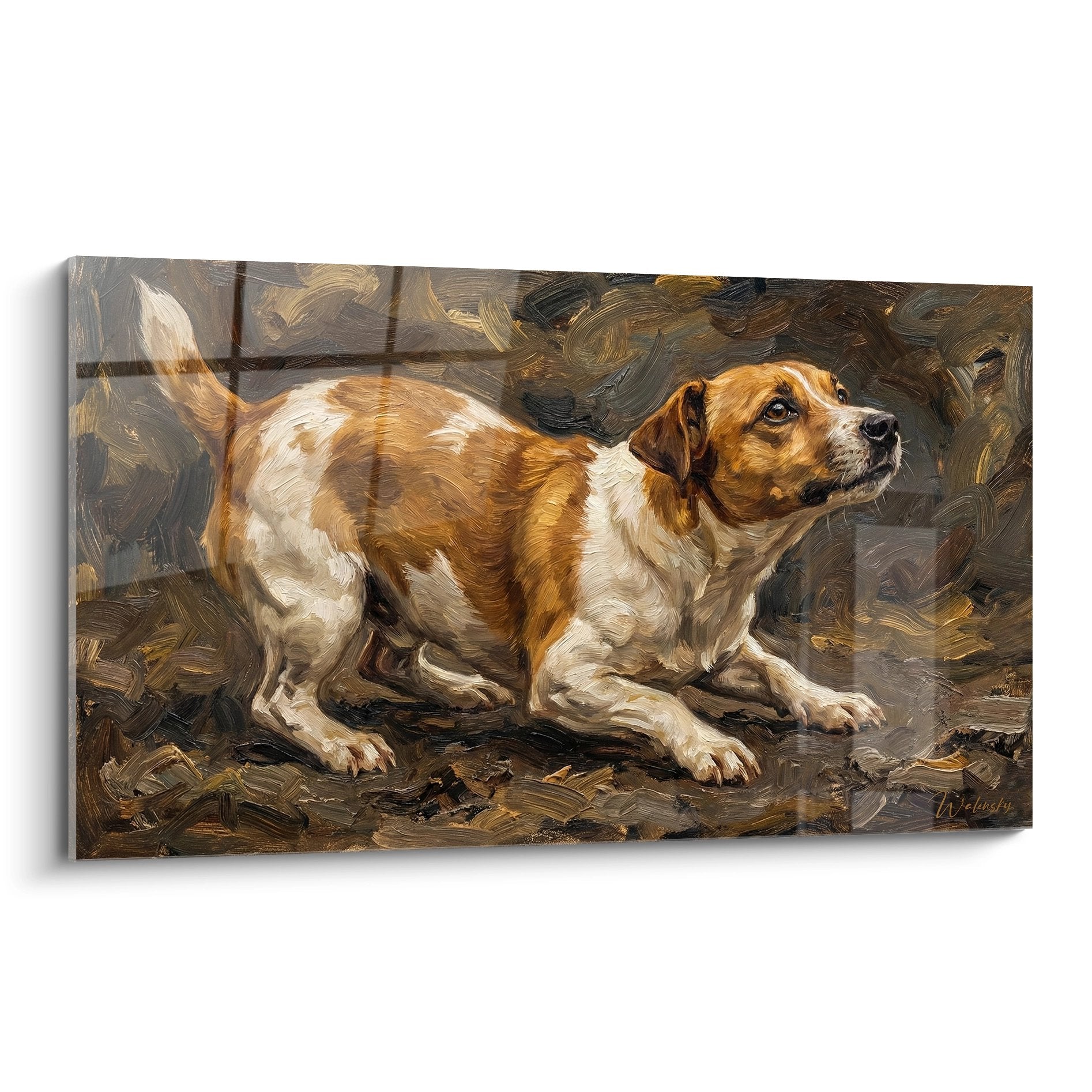 Tableau Jack Russel Terrier allongé aux tons ocre et blanc sur fond brun, portrait expressif style peinture à l'huile